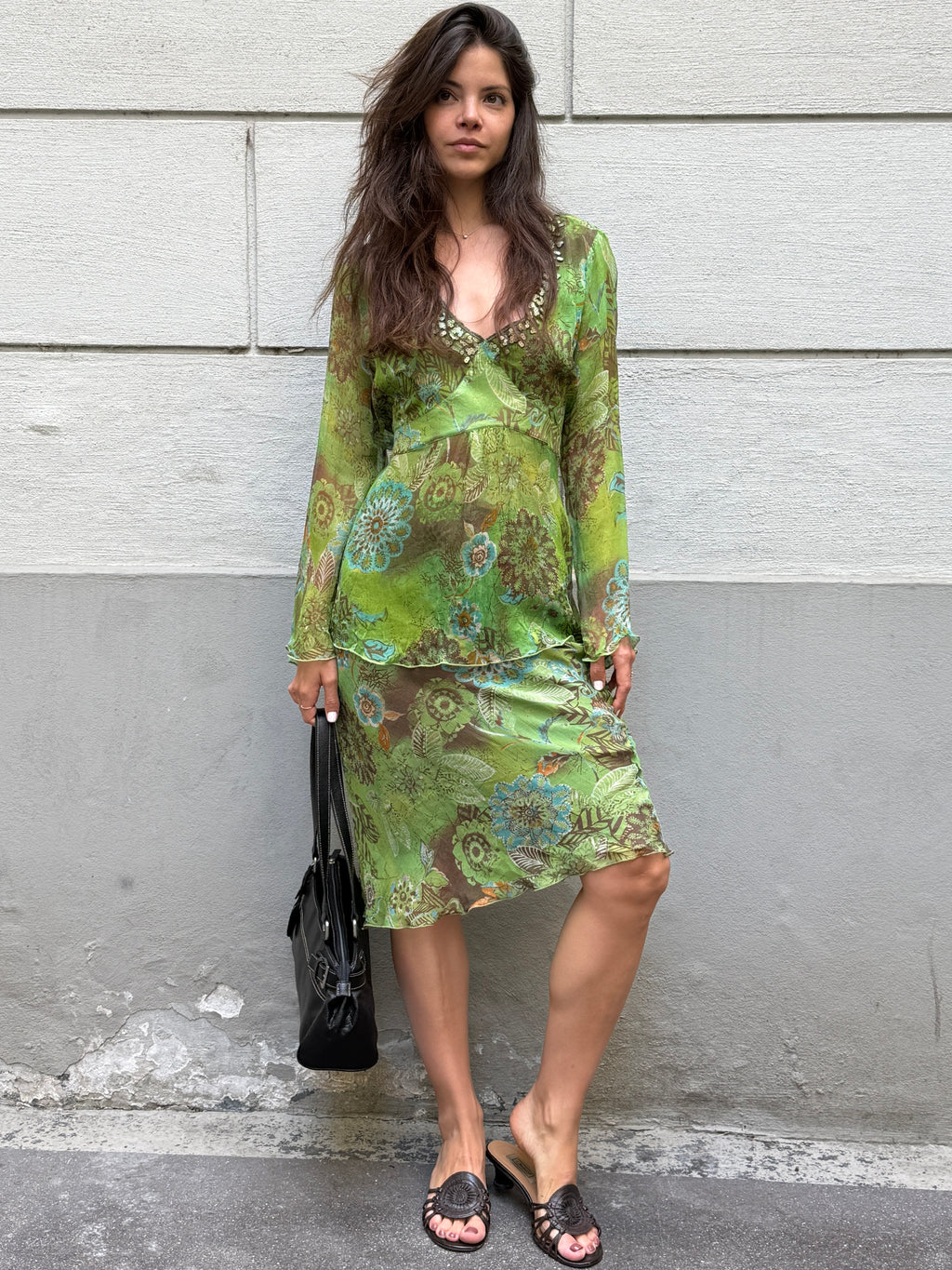 Vintage Y2K 100% Silk Blouse + Skirt Set M