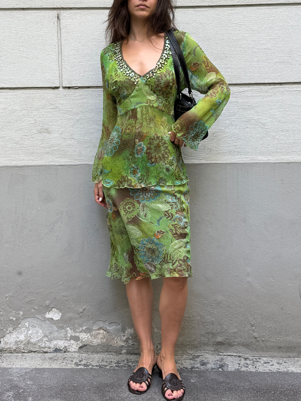 Vintage Y2K 100% Silk Blouse + Skirt Set M