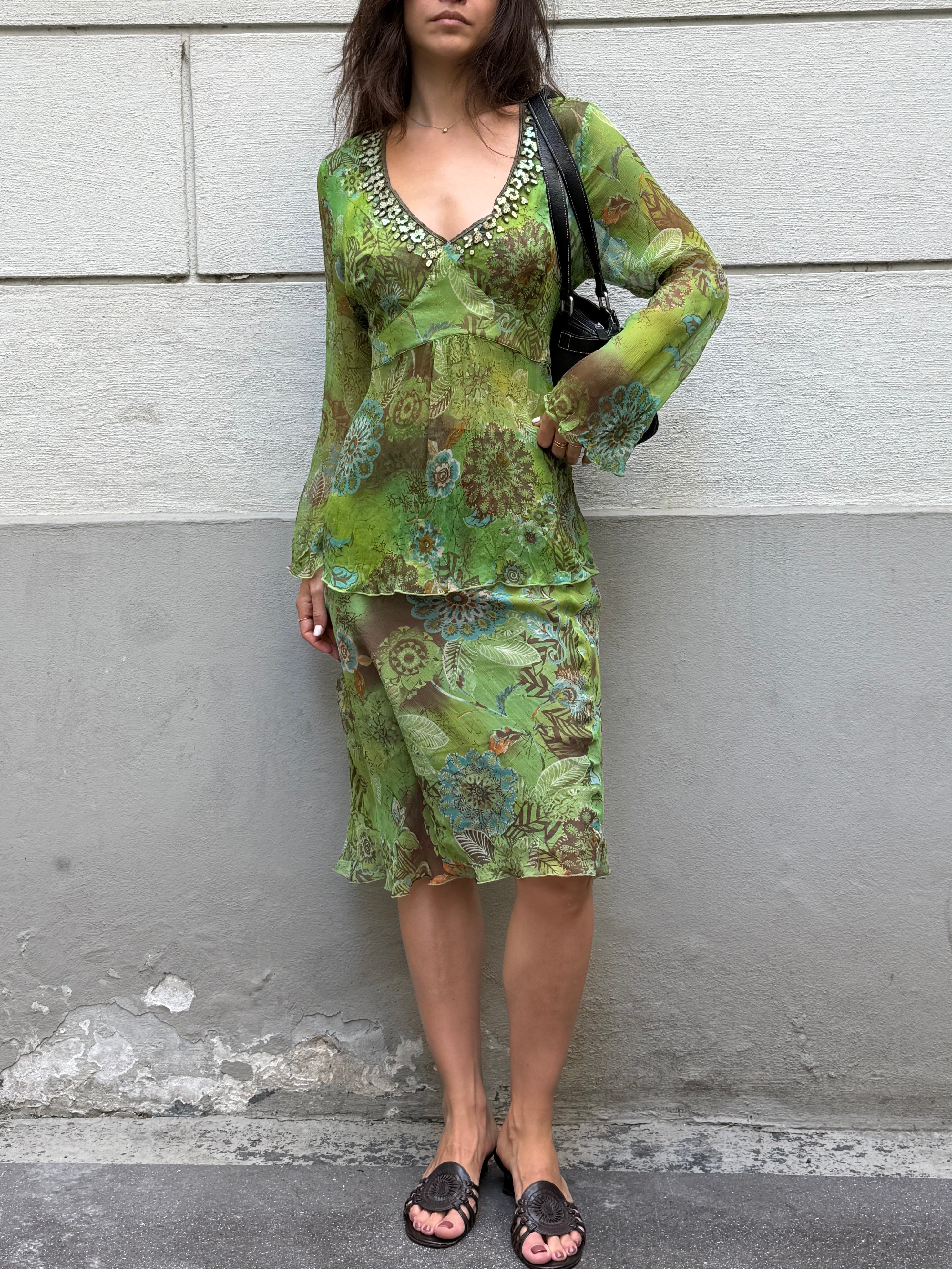 Vintage Y2K 100% Silk Blouse + Skirt Set M