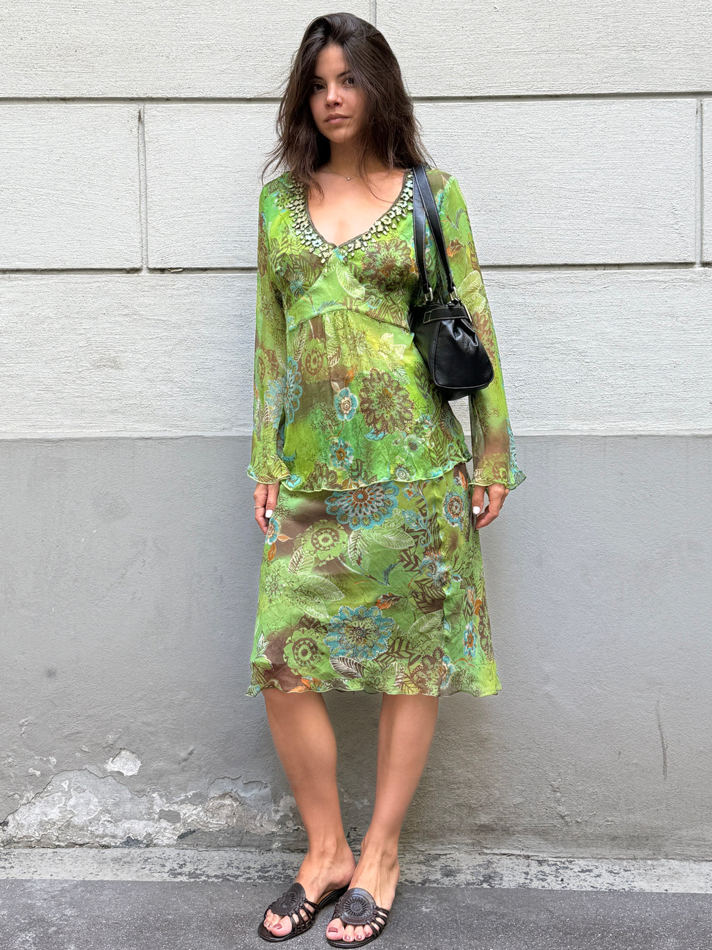 Vintage Y2K 100% Silk Blouse + Skirt Set M