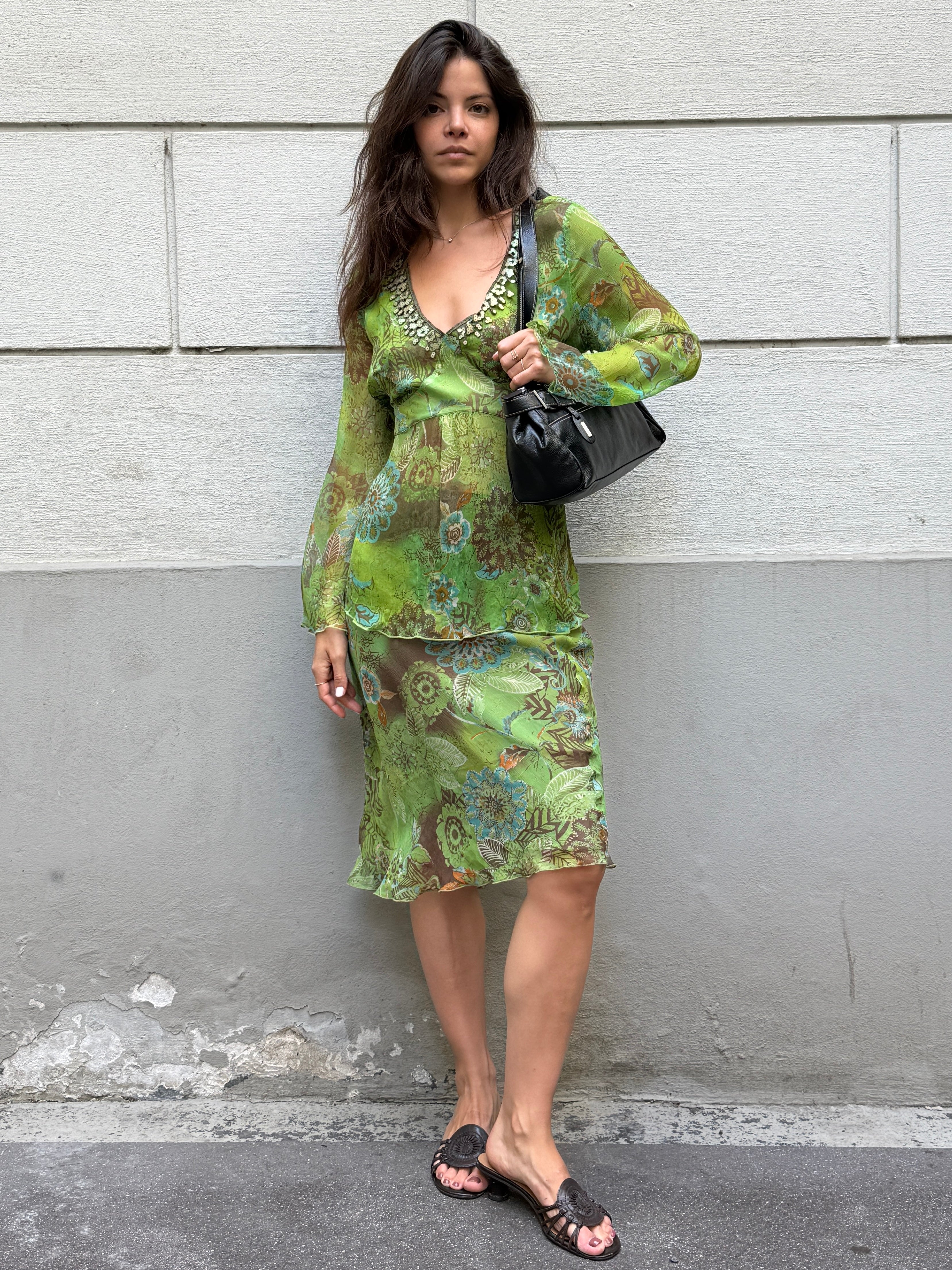 Vintage Y2K 100% Silk Blouse + Skirt Set M