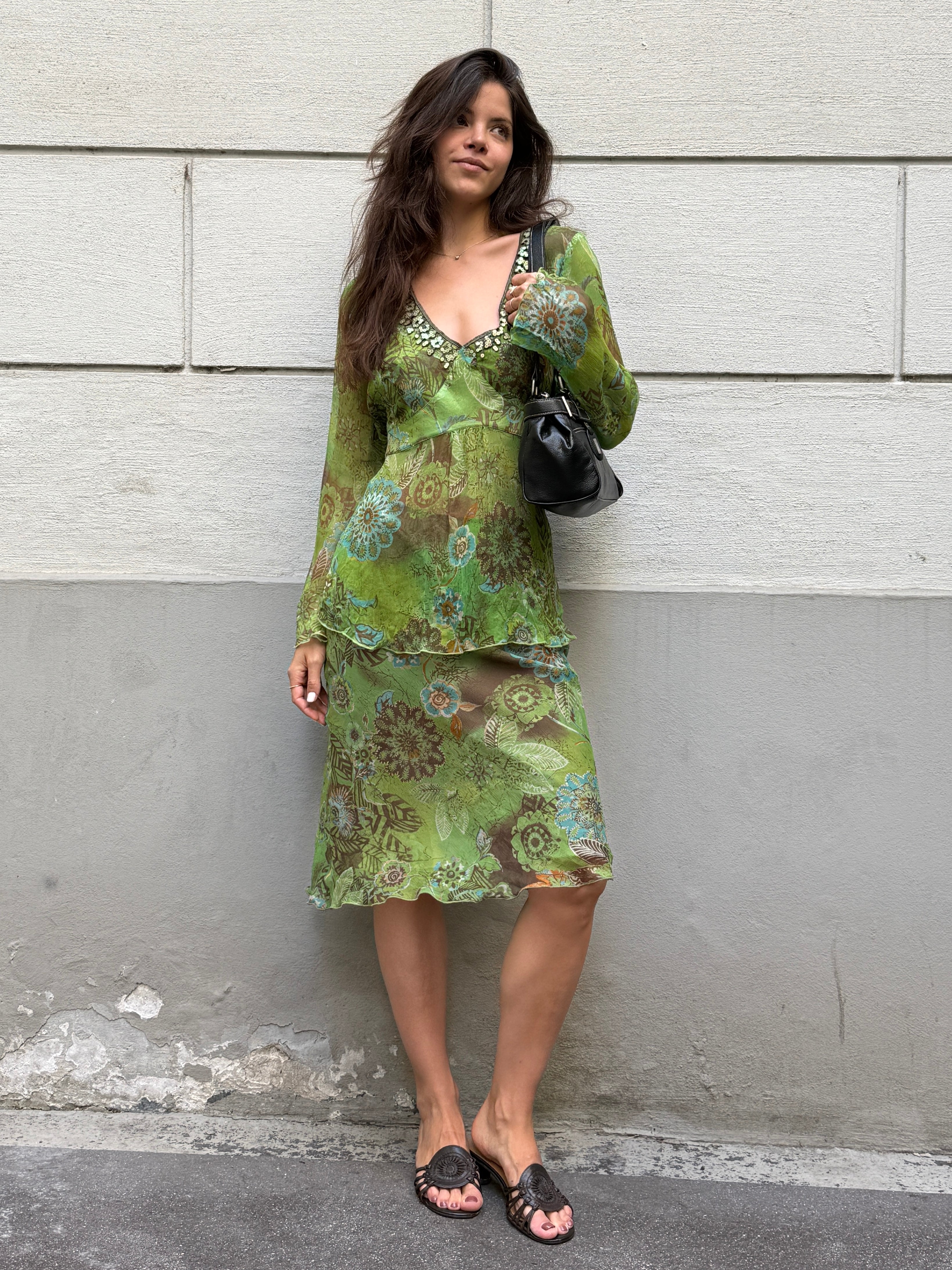 Vintage Y2K 100% Silk Blouse + Skirt Set M