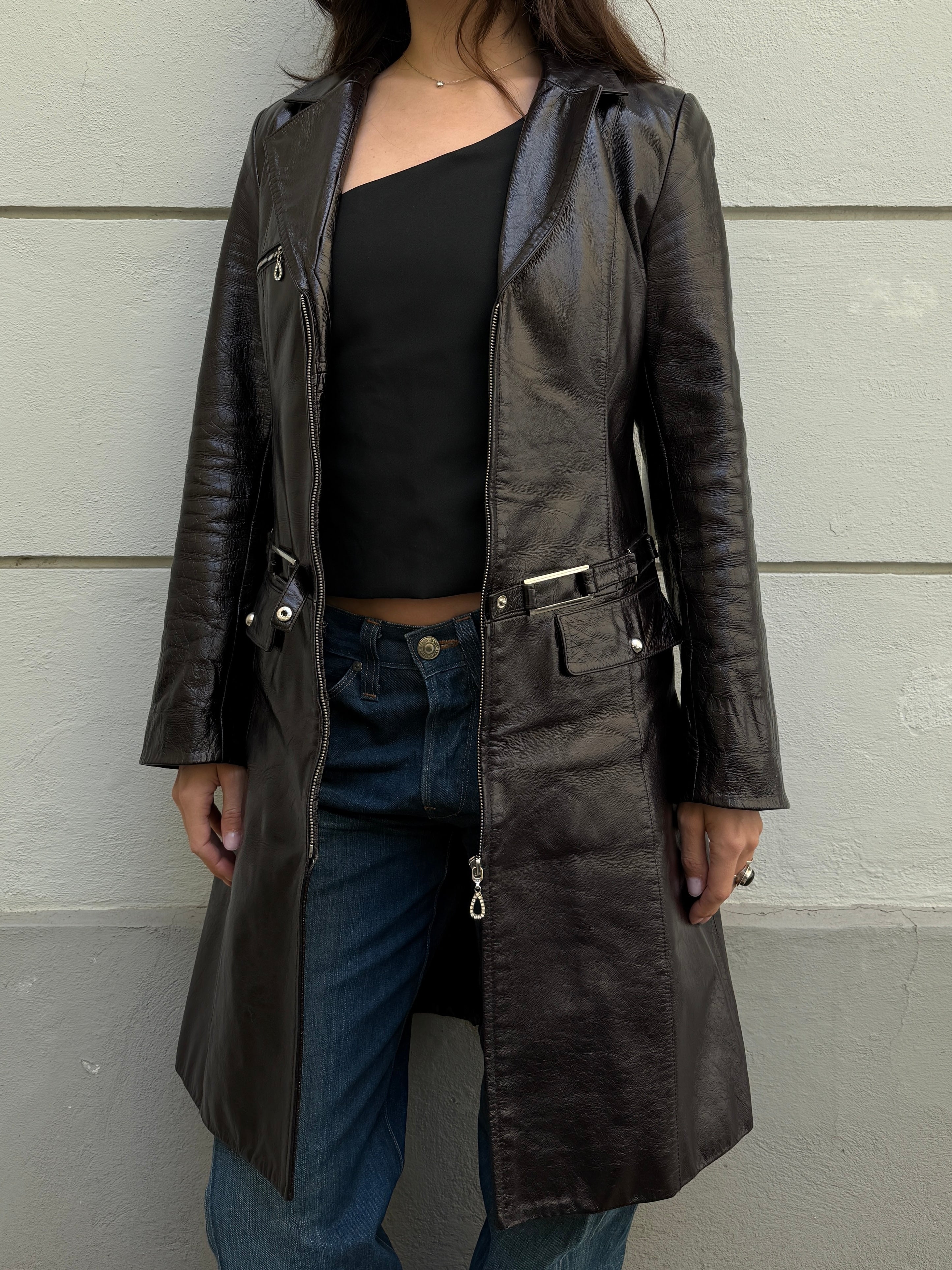 Vintage 100% Genuine Leather Dark Brown Patent Jacket M