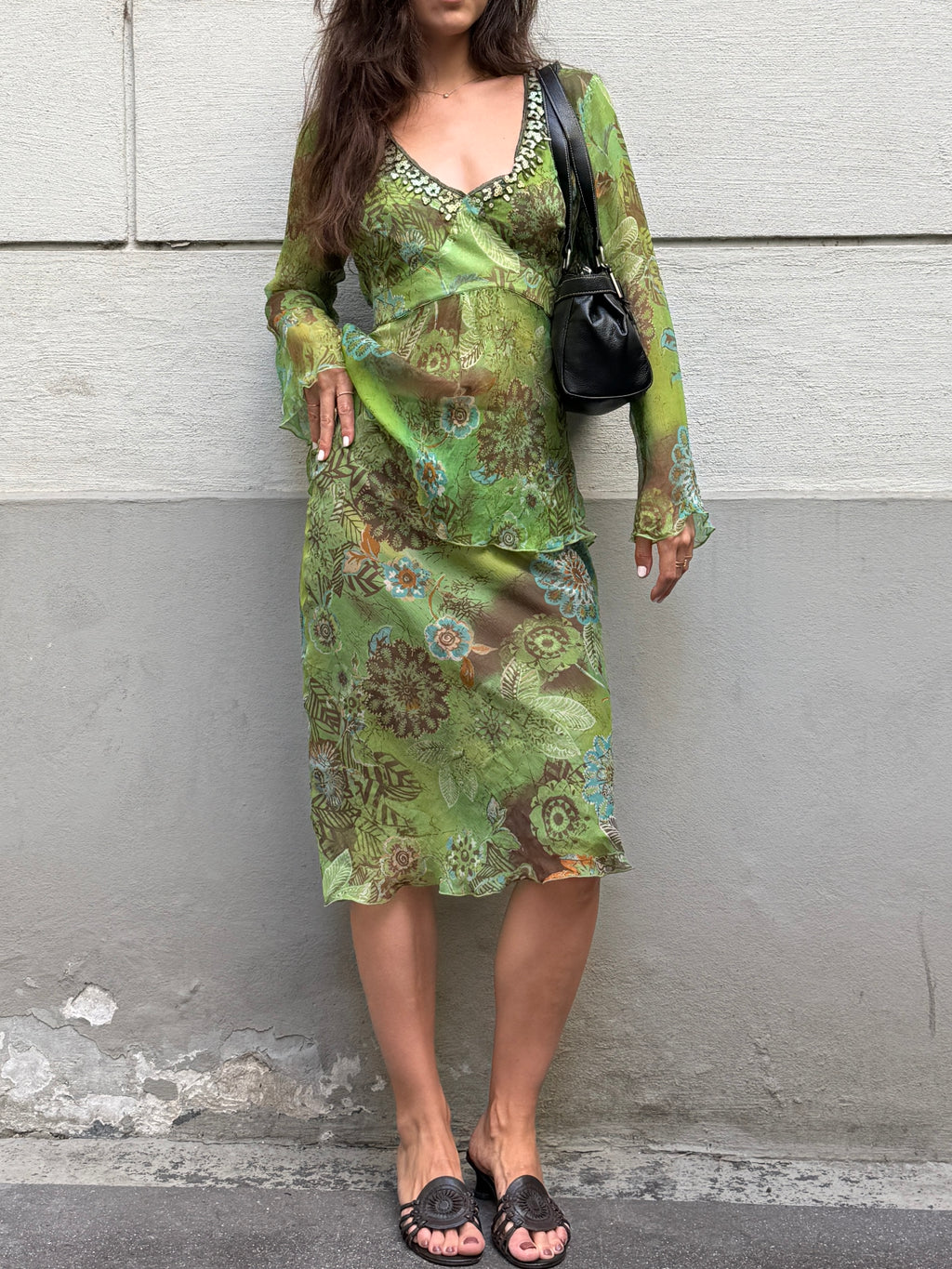 Vintage Y2K 100% Silk Blouse + Skirt Set M