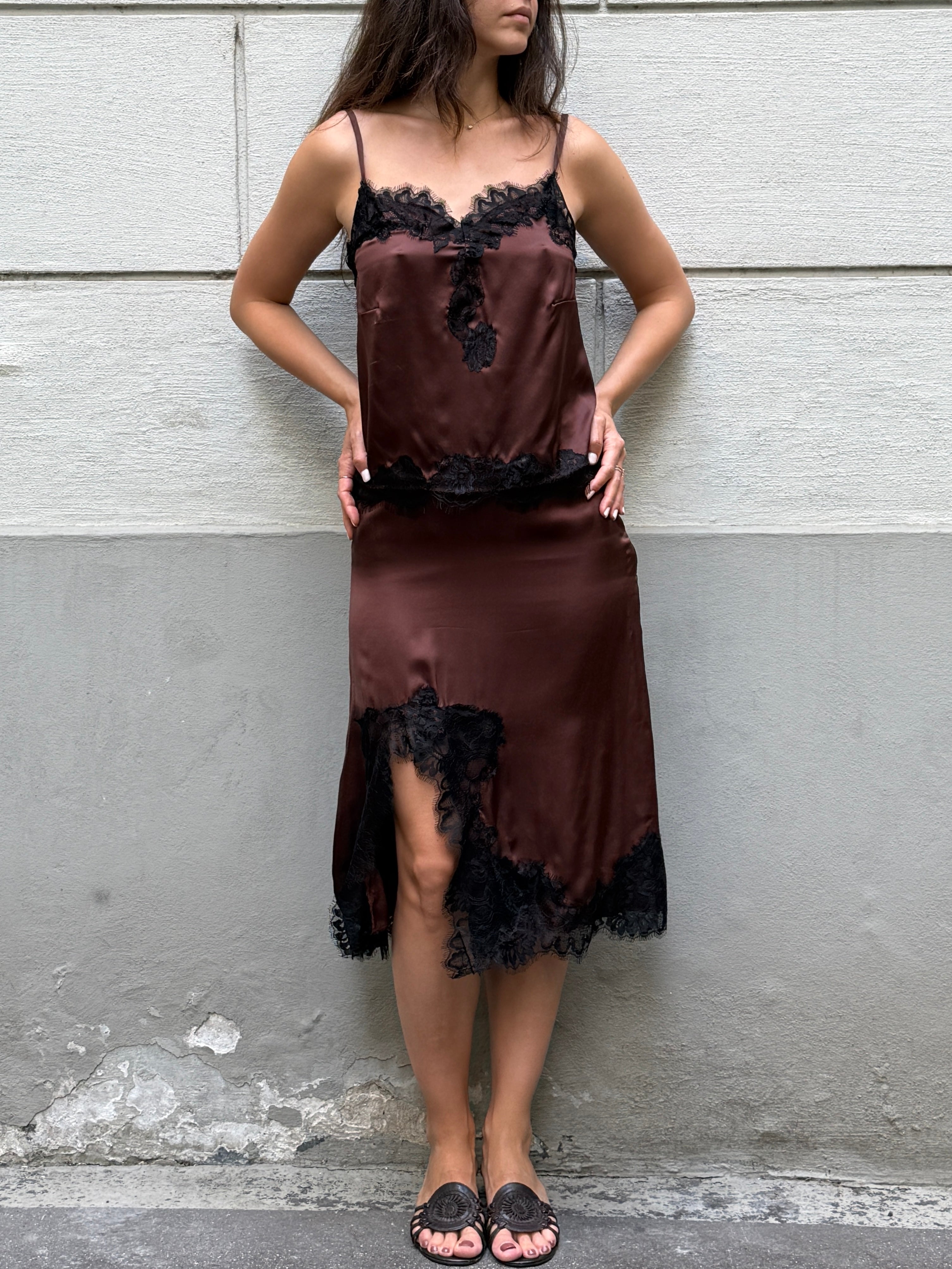 100% Italian Mulberry Silk Tailor Made Skirt + Camisole Top 2-Piece Set S
