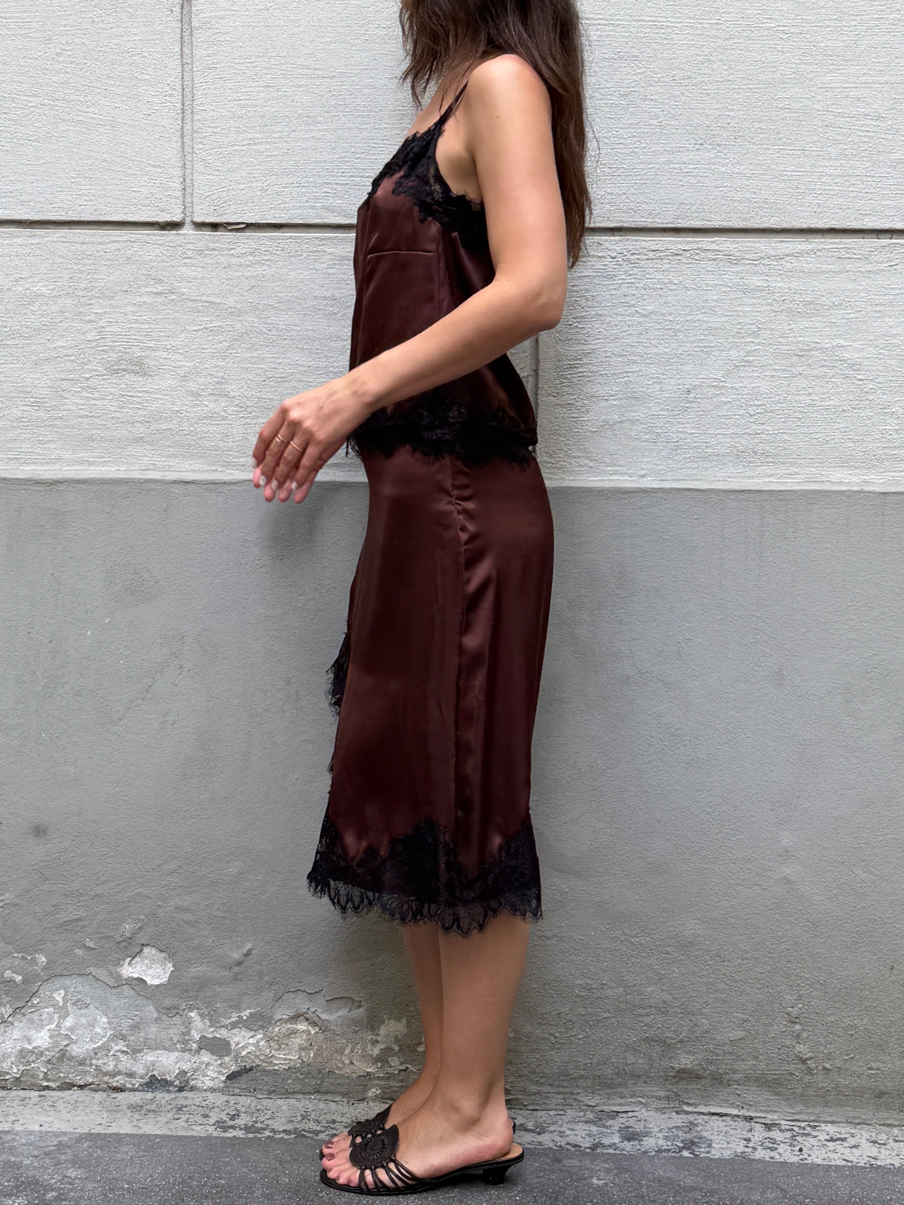 100% Italian Mulberry Silk Tailor Made Skirt + Camisole Top 2-Piece Set S