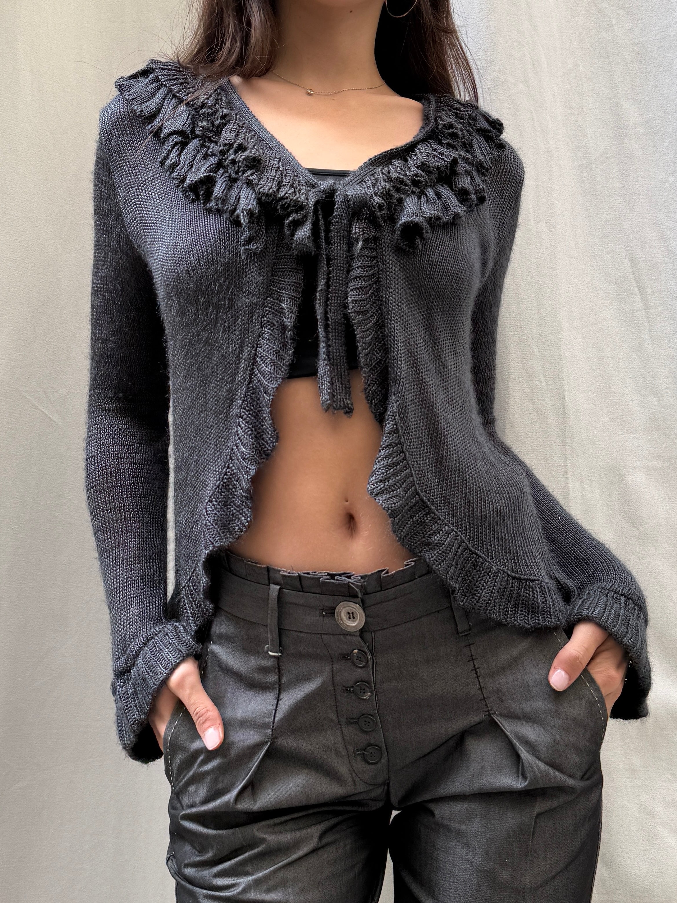 Vintage Dark Gray Ruffle Knit Sweater Top