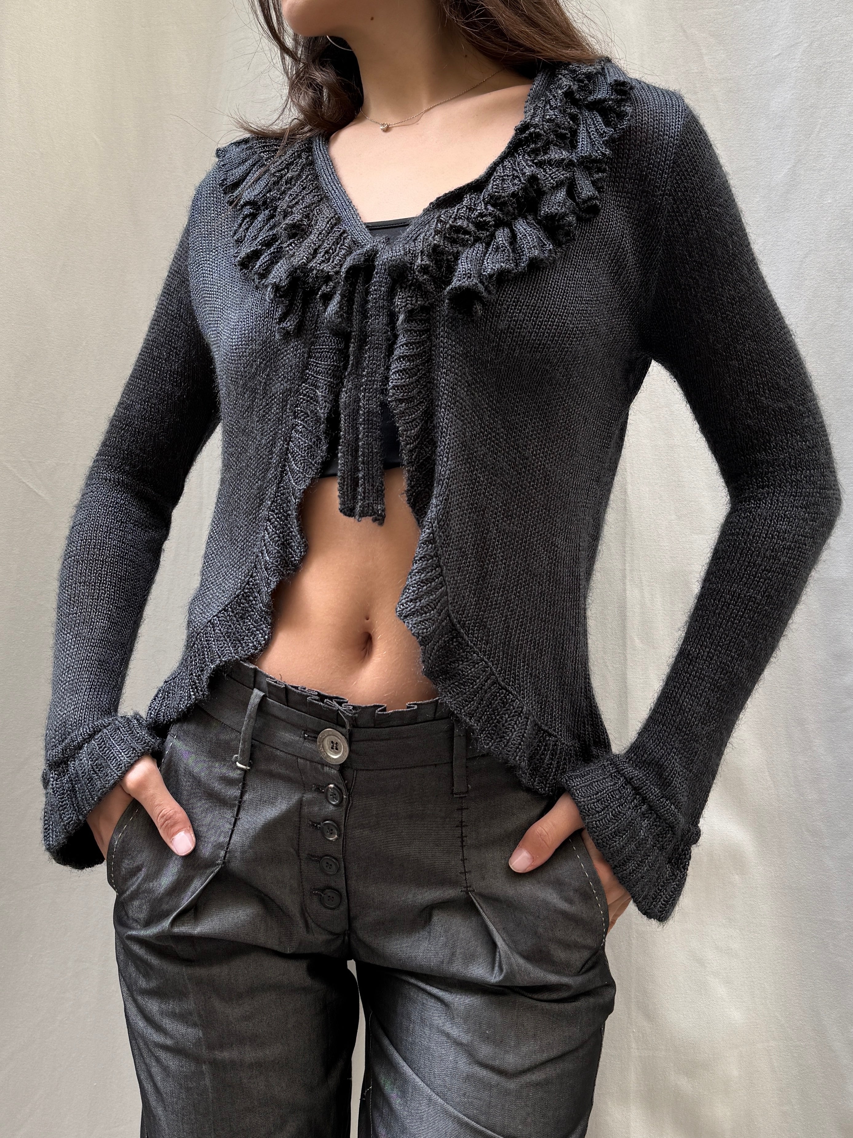 Vintage Dark Gray Ruffle Knit Sweater Top