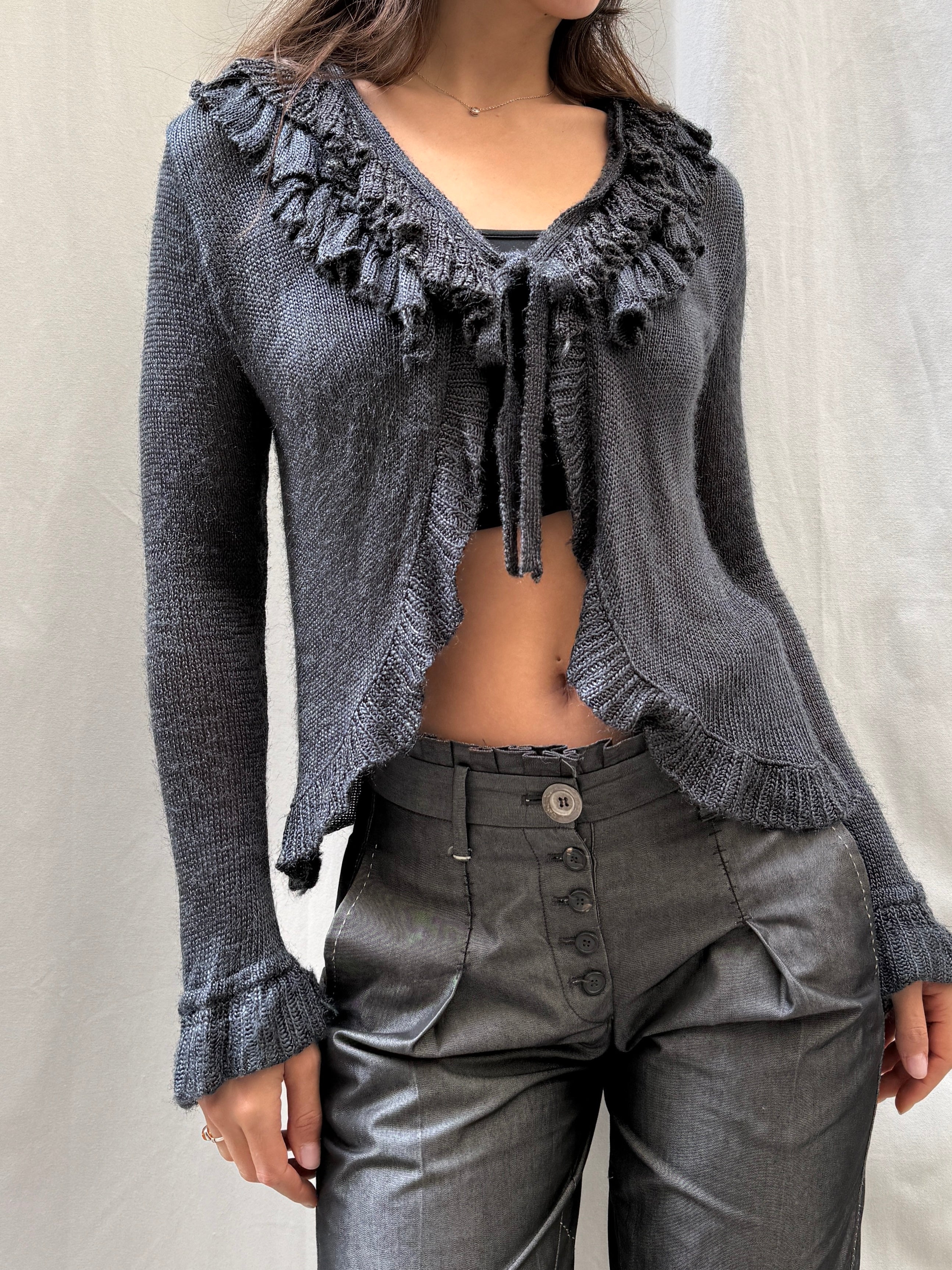 Vintage Dark Gray Ruffle Knit Sweater Top