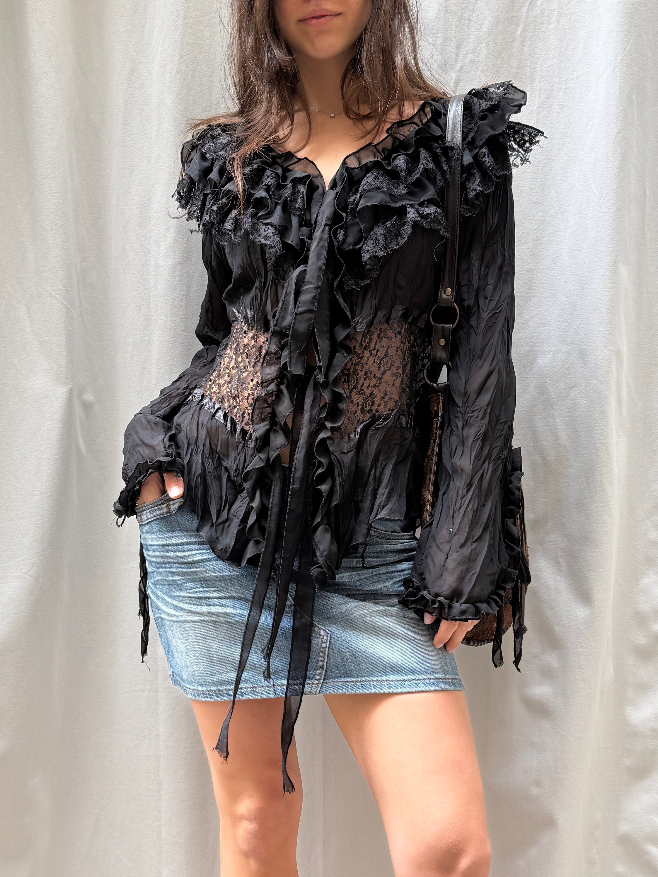Vintage Black Ruffle Lace Top L