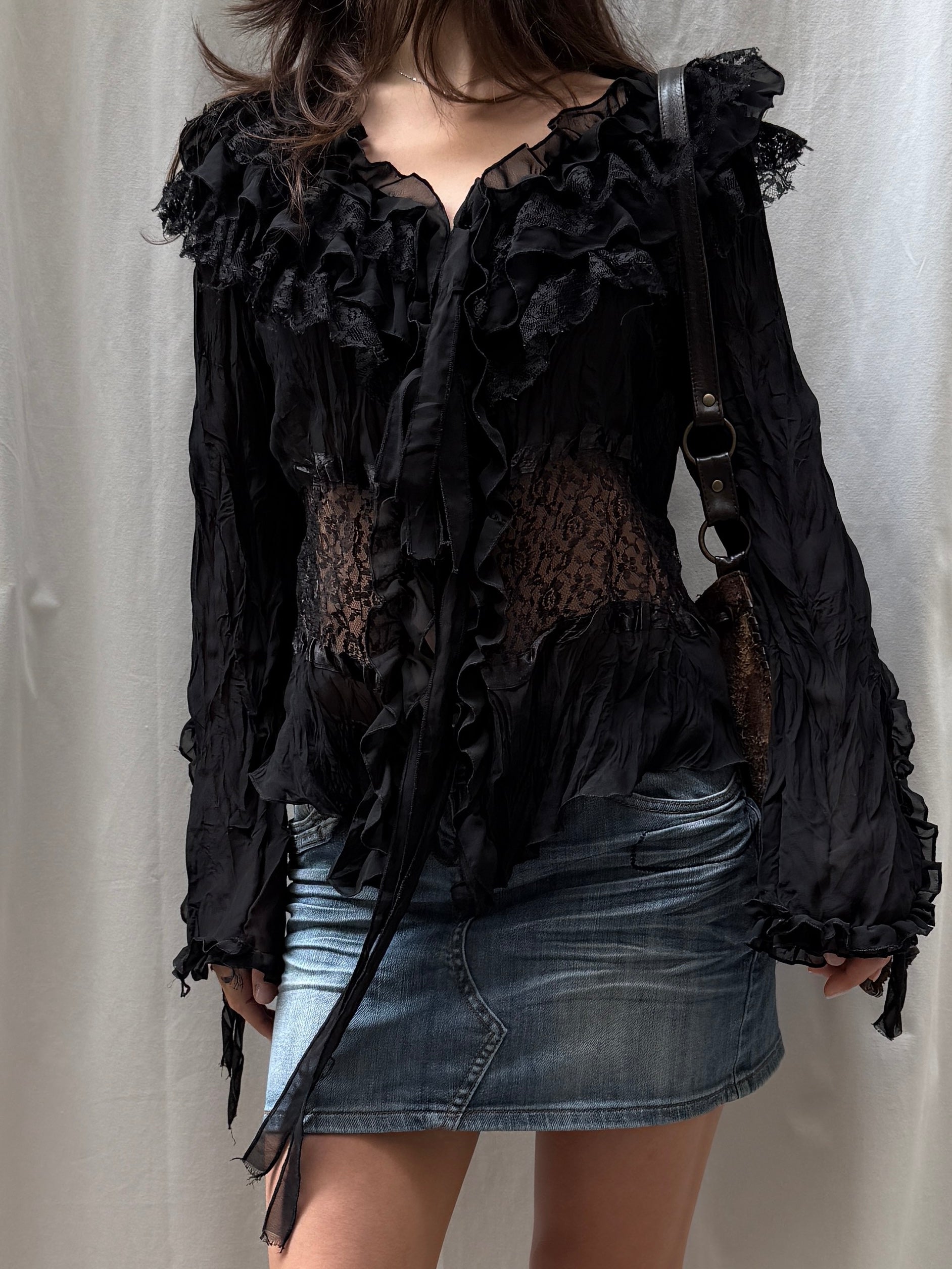 Vintage Black Ruffle Lace Top L