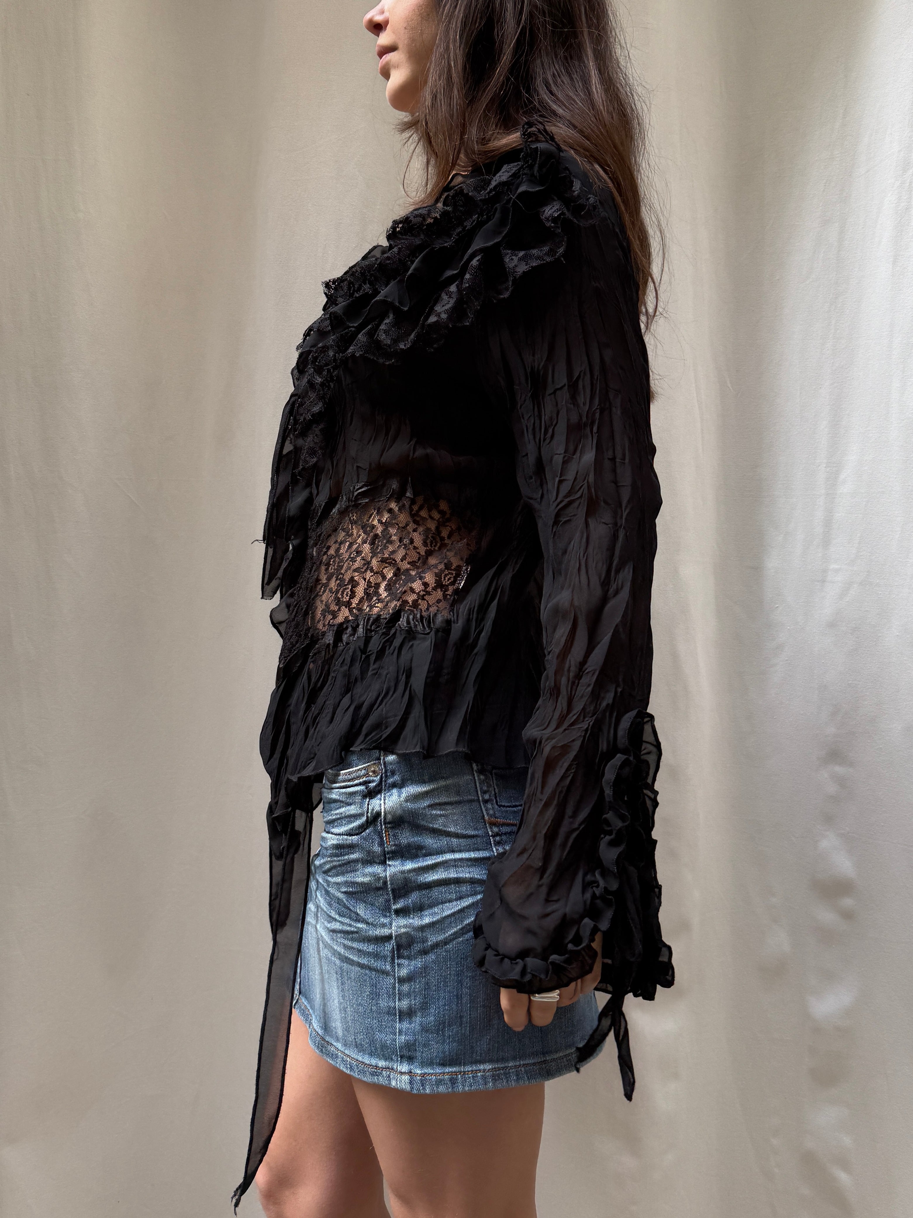 Vintage Black Ruffle Lace Top L