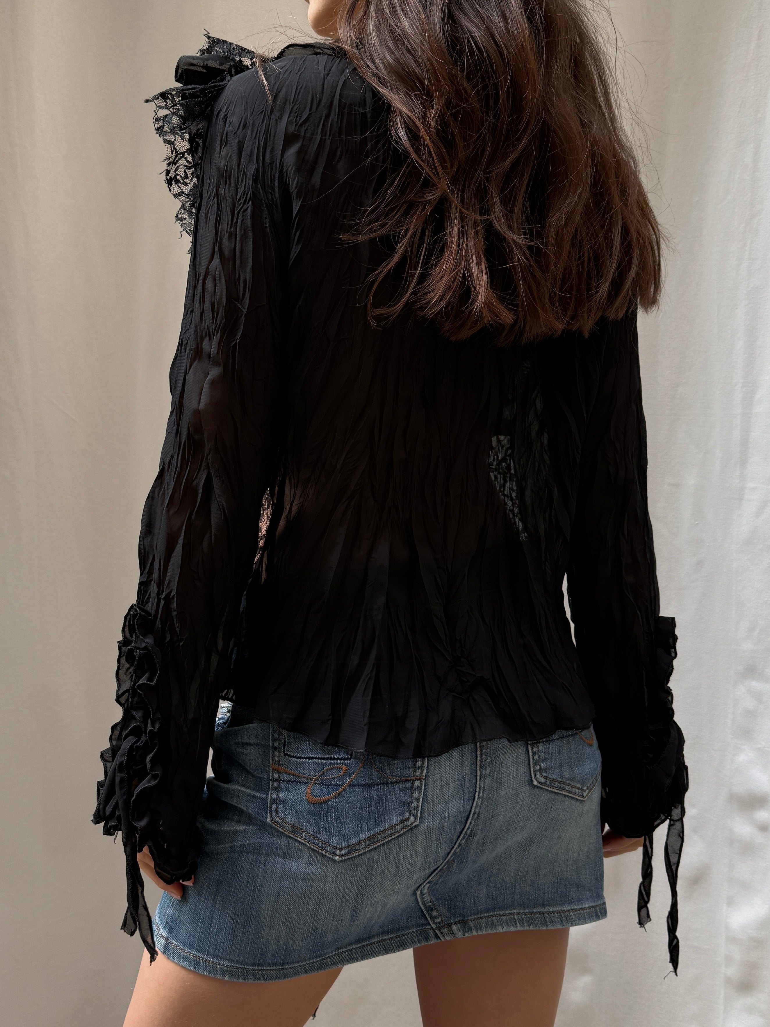 Vintage Black Ruffle Lace Top L