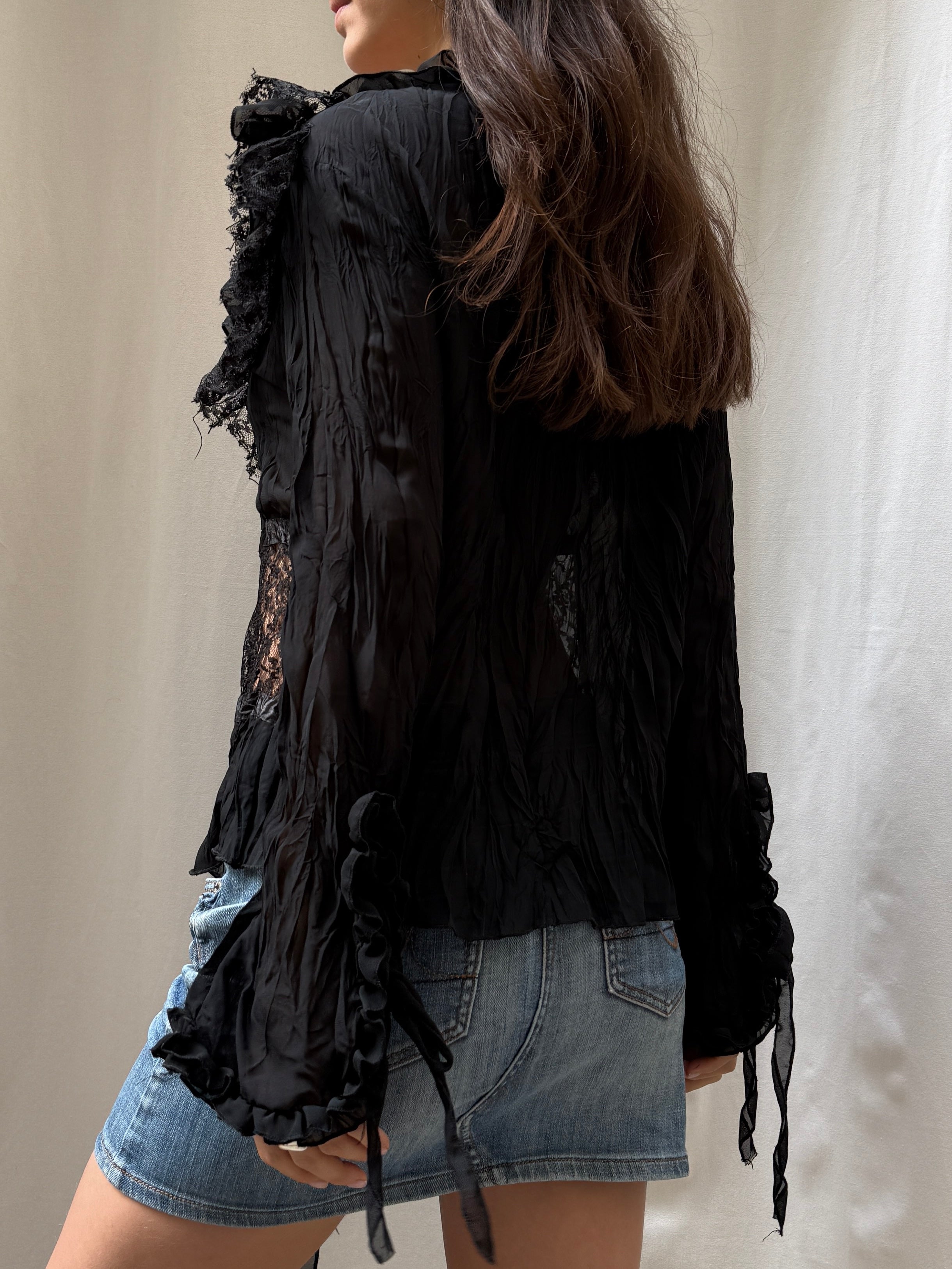 Vintage Black Ruffle Lace Top L