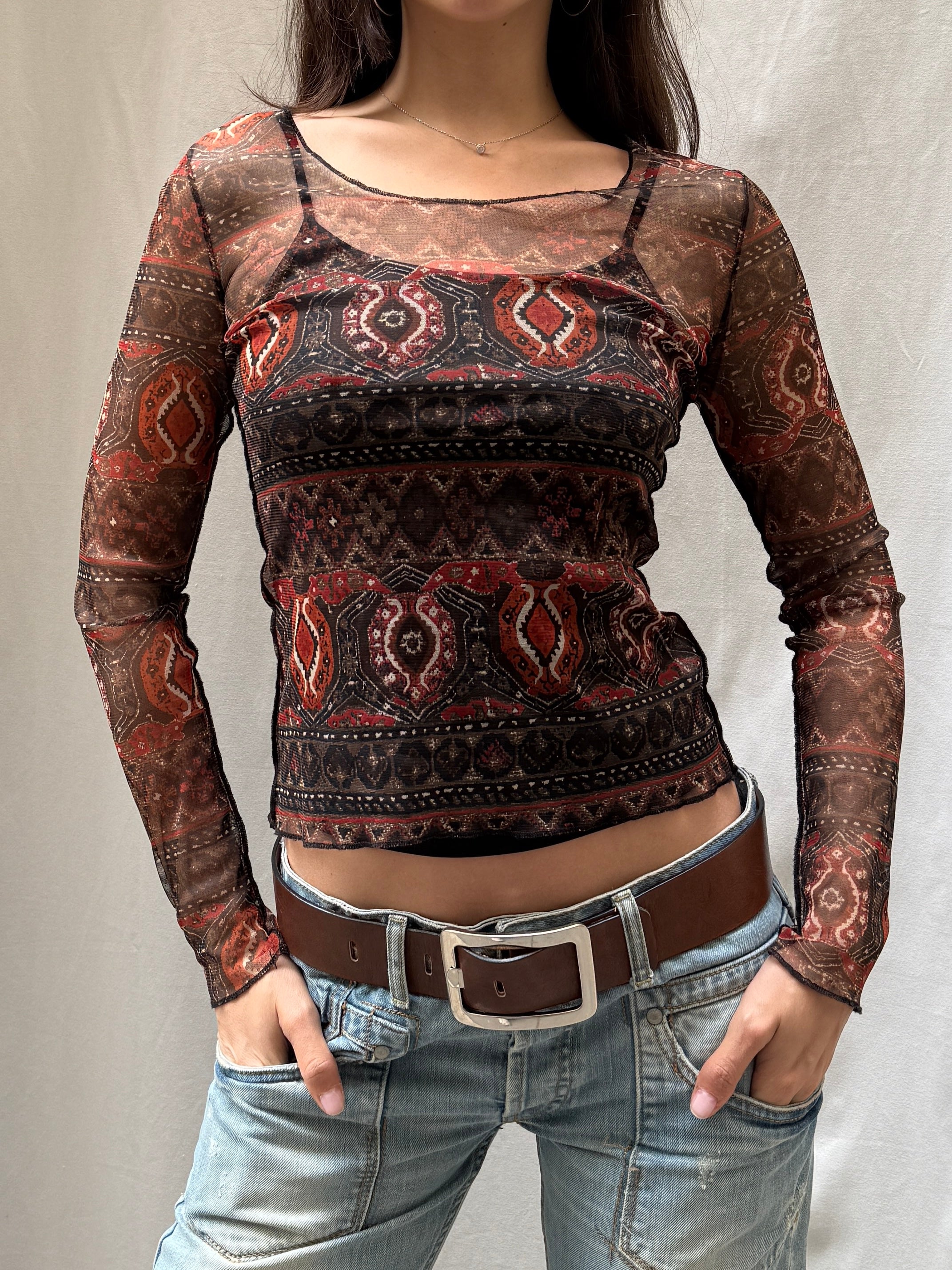 Vintage Red Patterned Mesh Y2K Top S