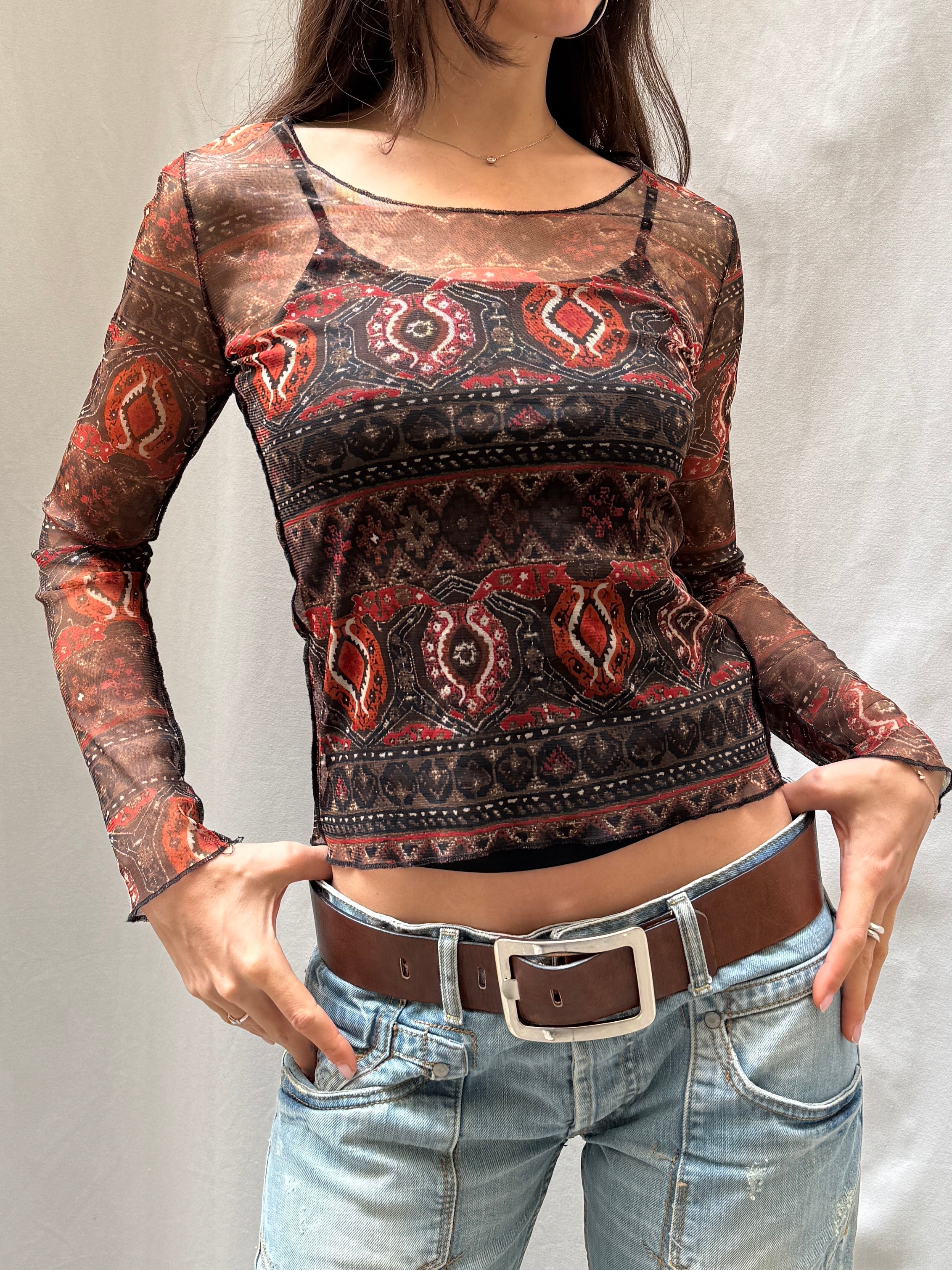Vintage Red Patterned Mesh Y2K Top S