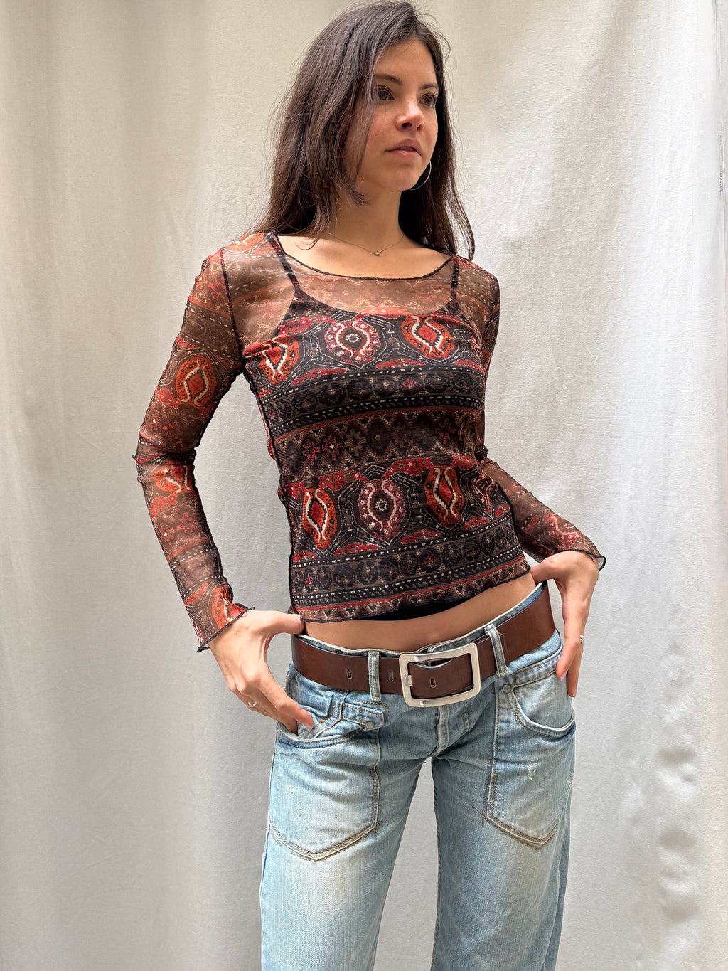 Vintage Red Patterned Mesh Y2K Top S