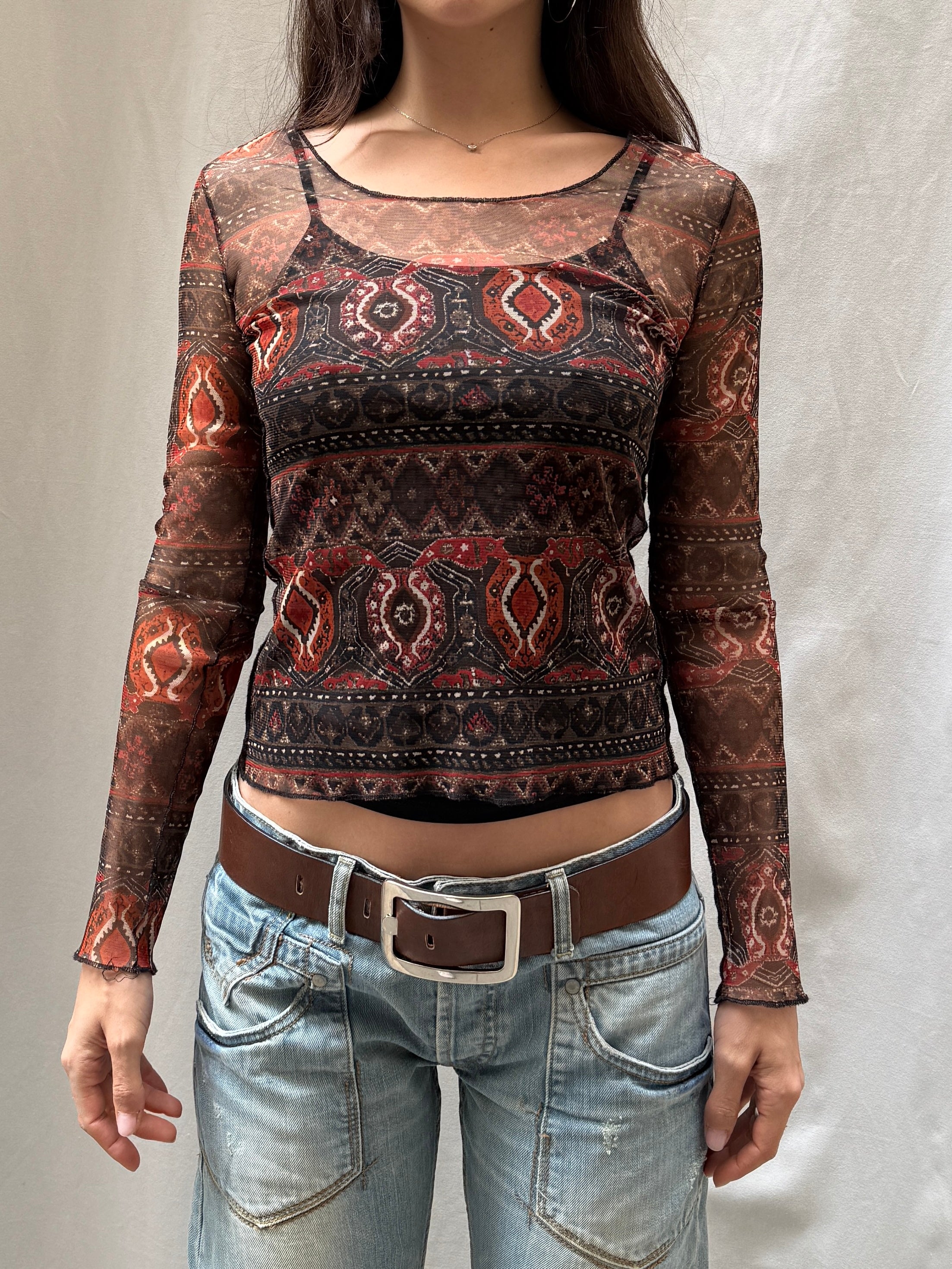 Vintage Red Patterned Mesh Y2K Top S