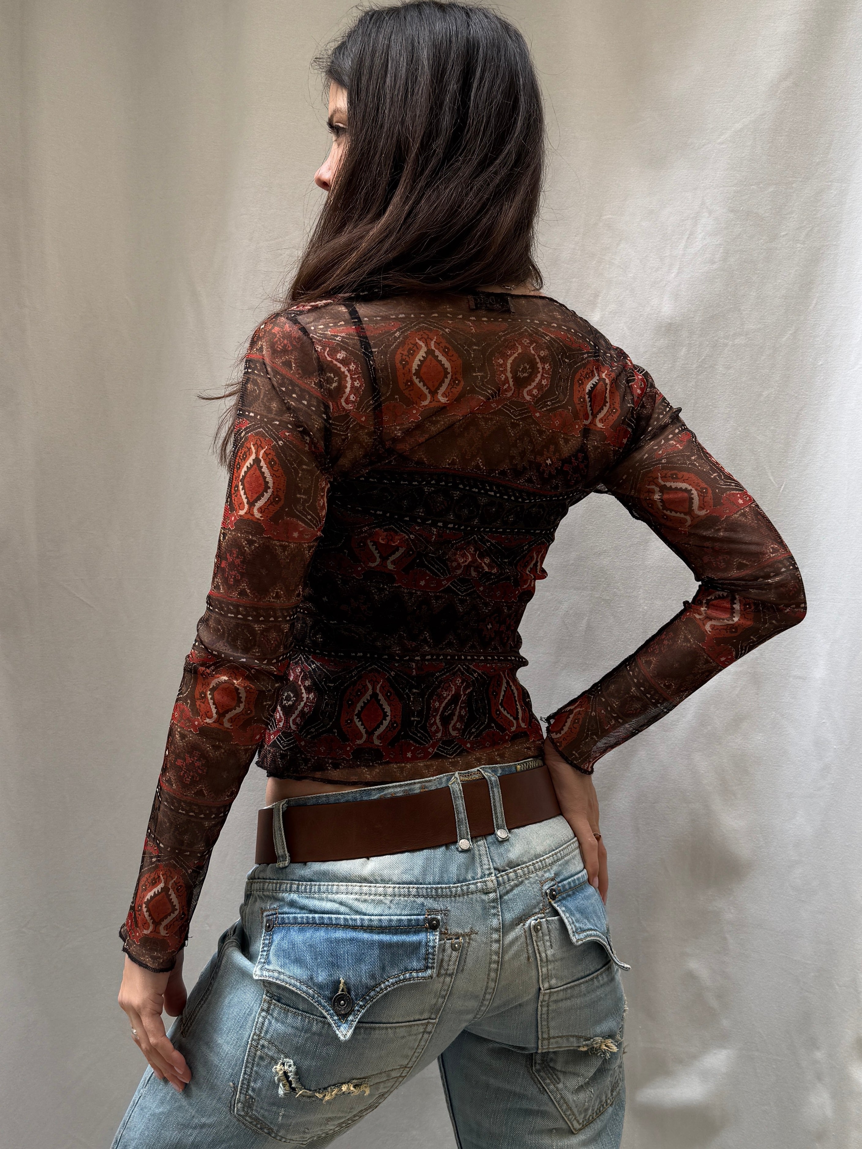 Vintage Red Patterned Mesh Y2K Top S