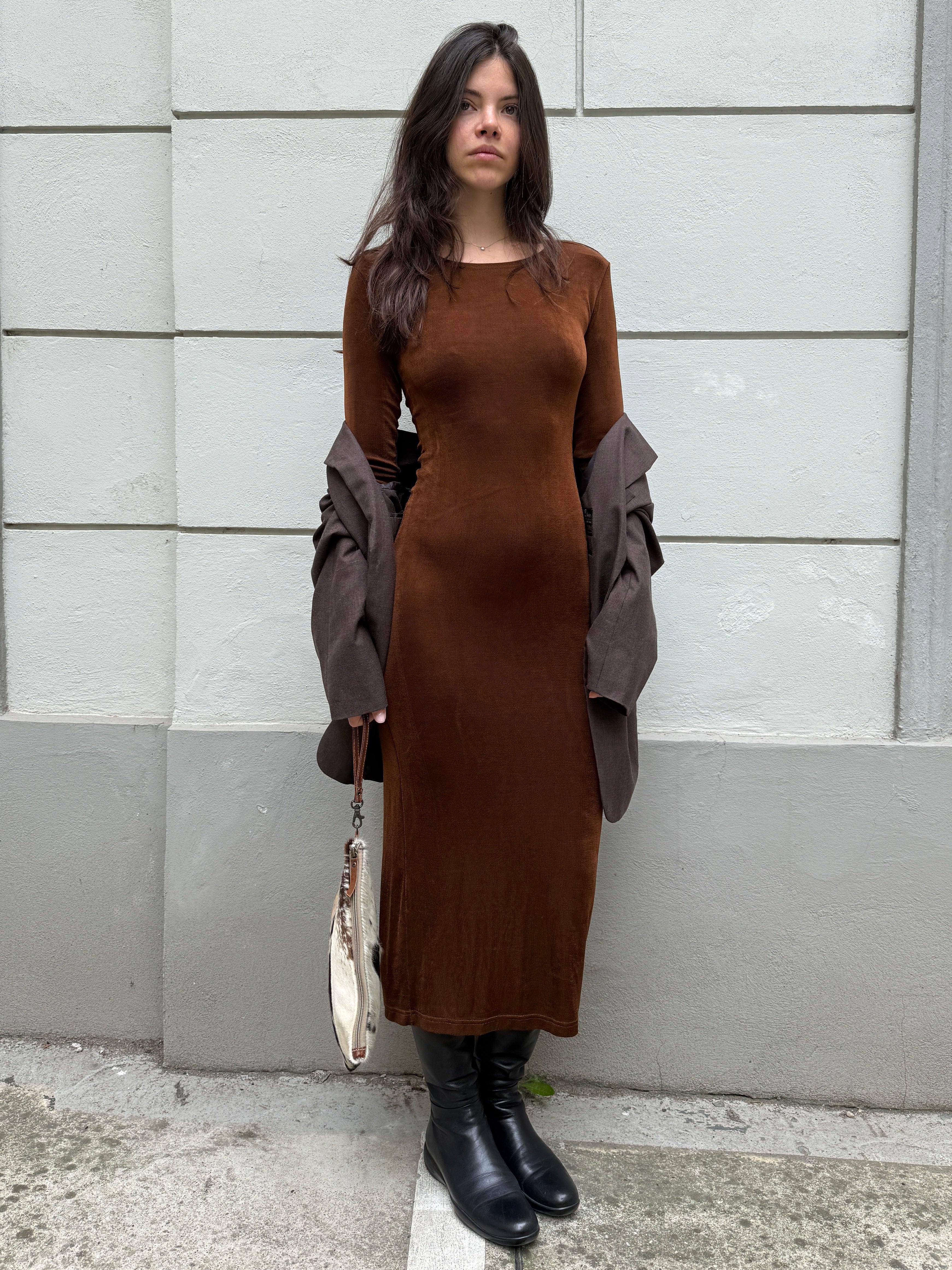 Vintage 100% Cotton Brown Body Con Midi Dress S