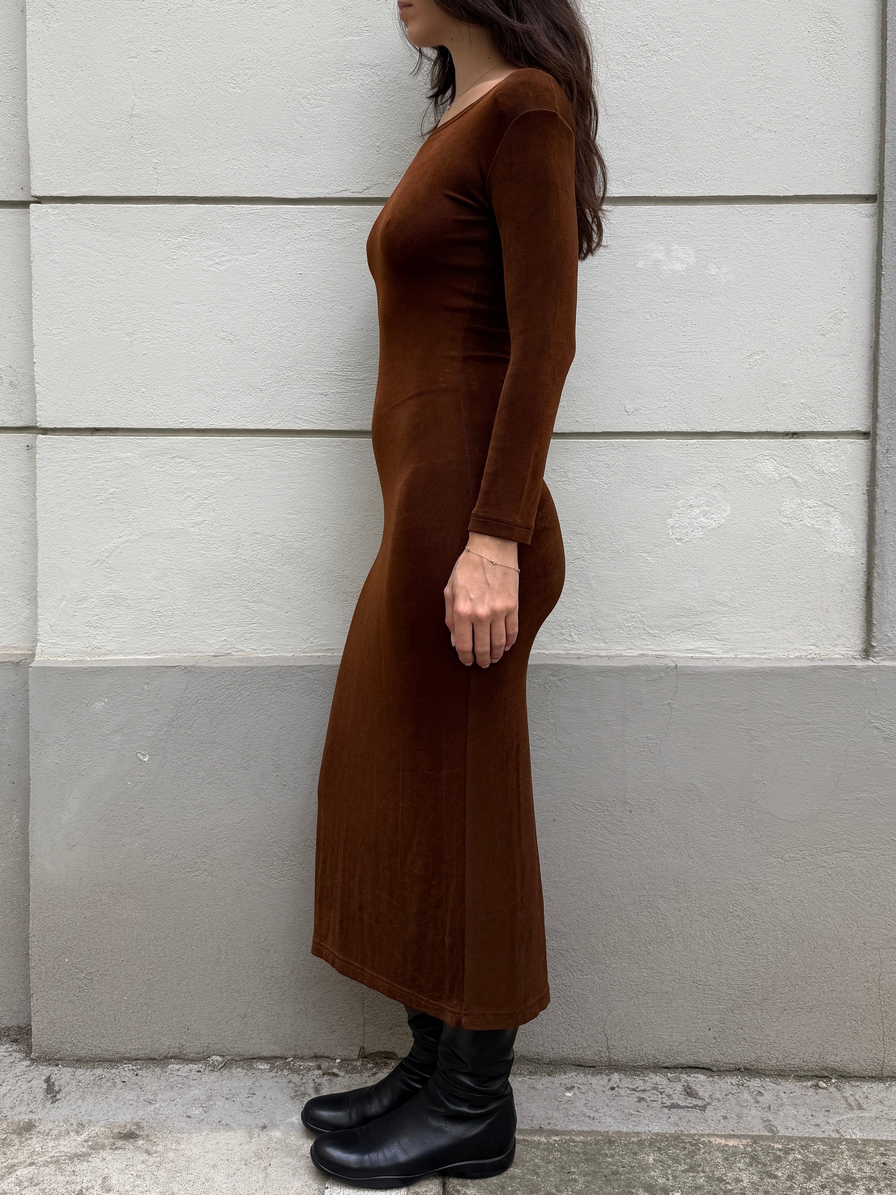 Vintage 100% Cotton Brown Body Con Midi Dress S