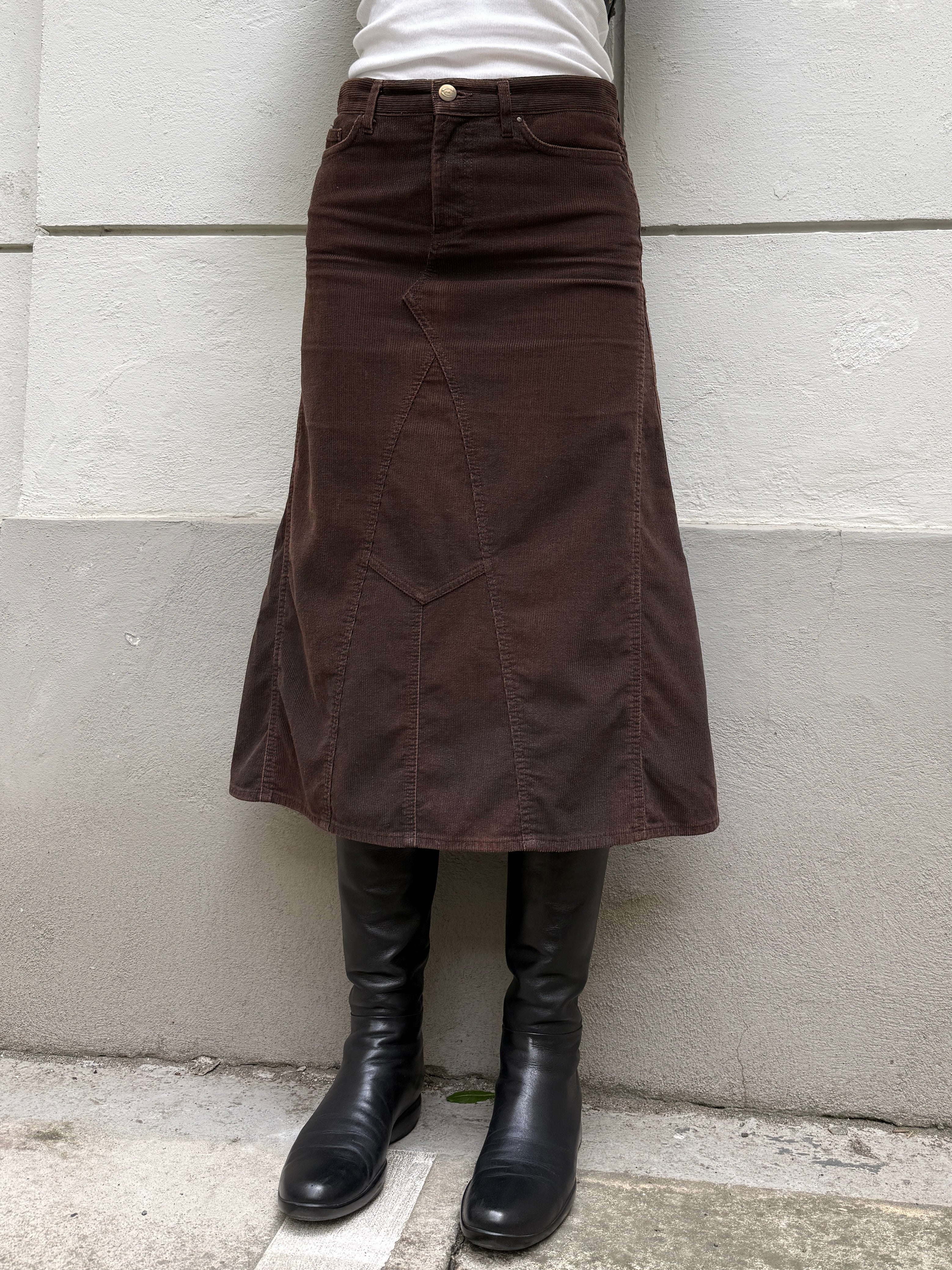 Vintage Cavalli Dark Brown Corduroy Midi Skirt S