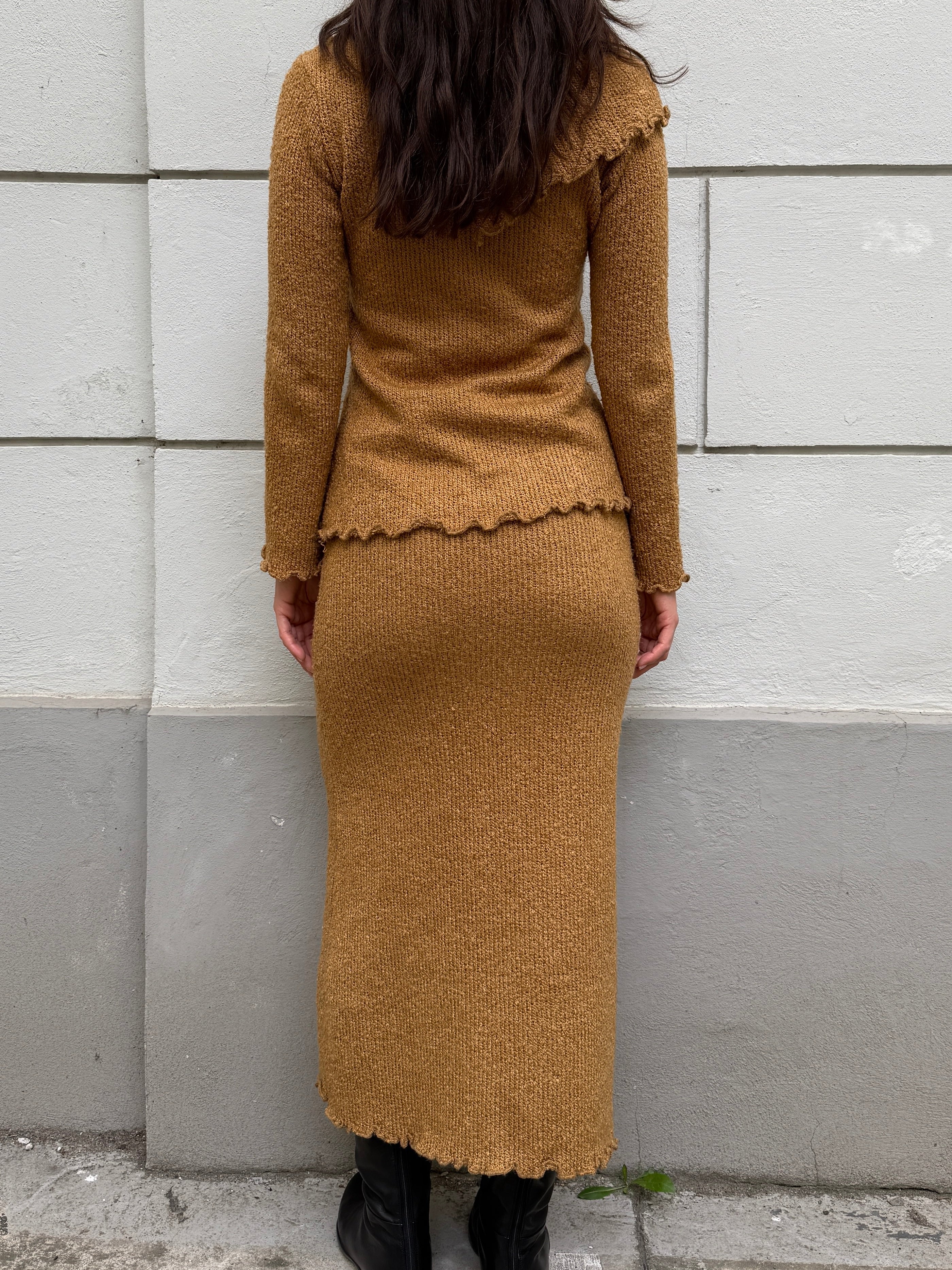 Vintage Wool Blend Mustard Yellow 2-Piece Sweater Skirt Set S/M