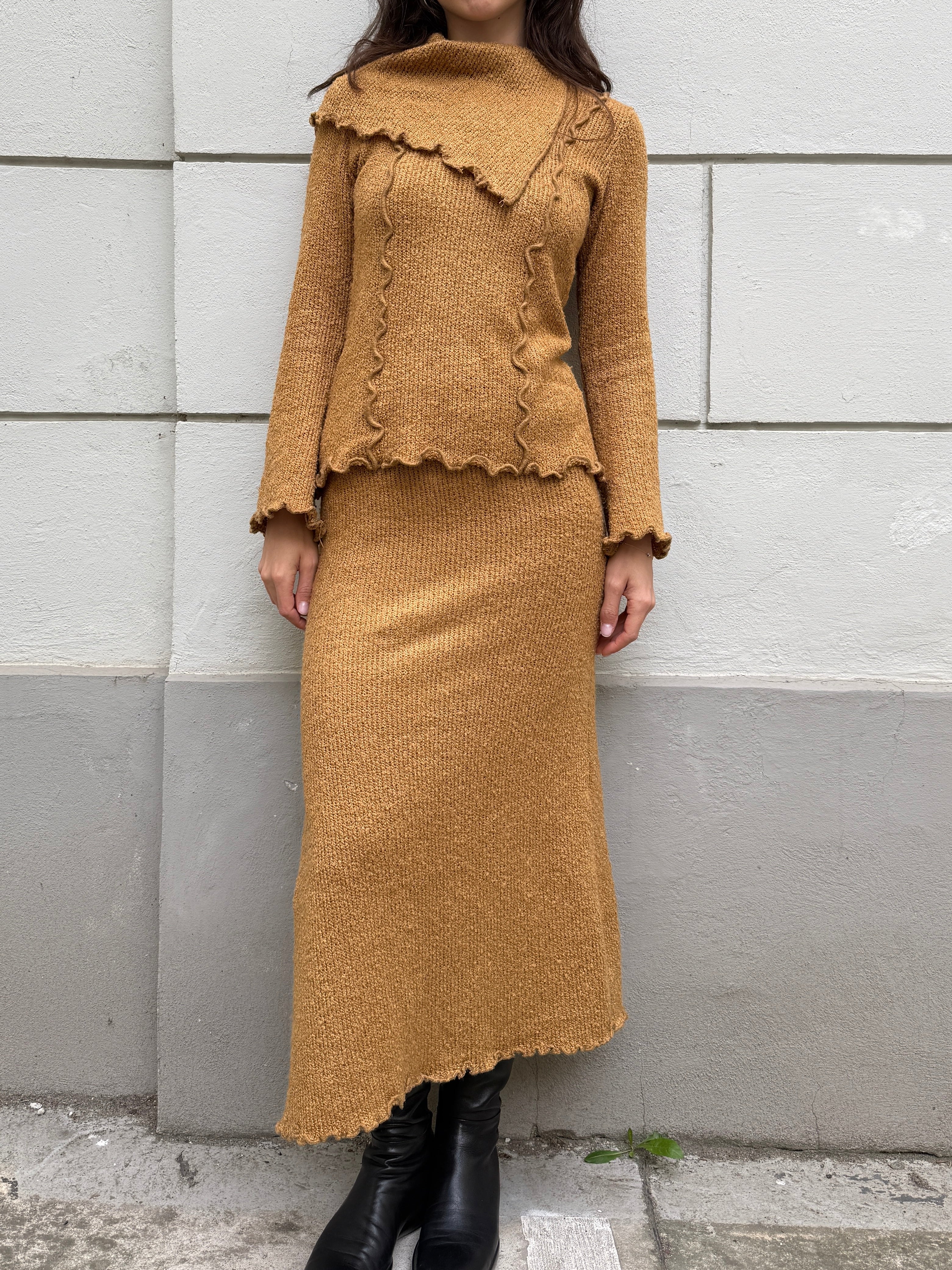 Vintage Wool Blend Mustard Yellow 2-Piece Sweater Skirt Set S/M