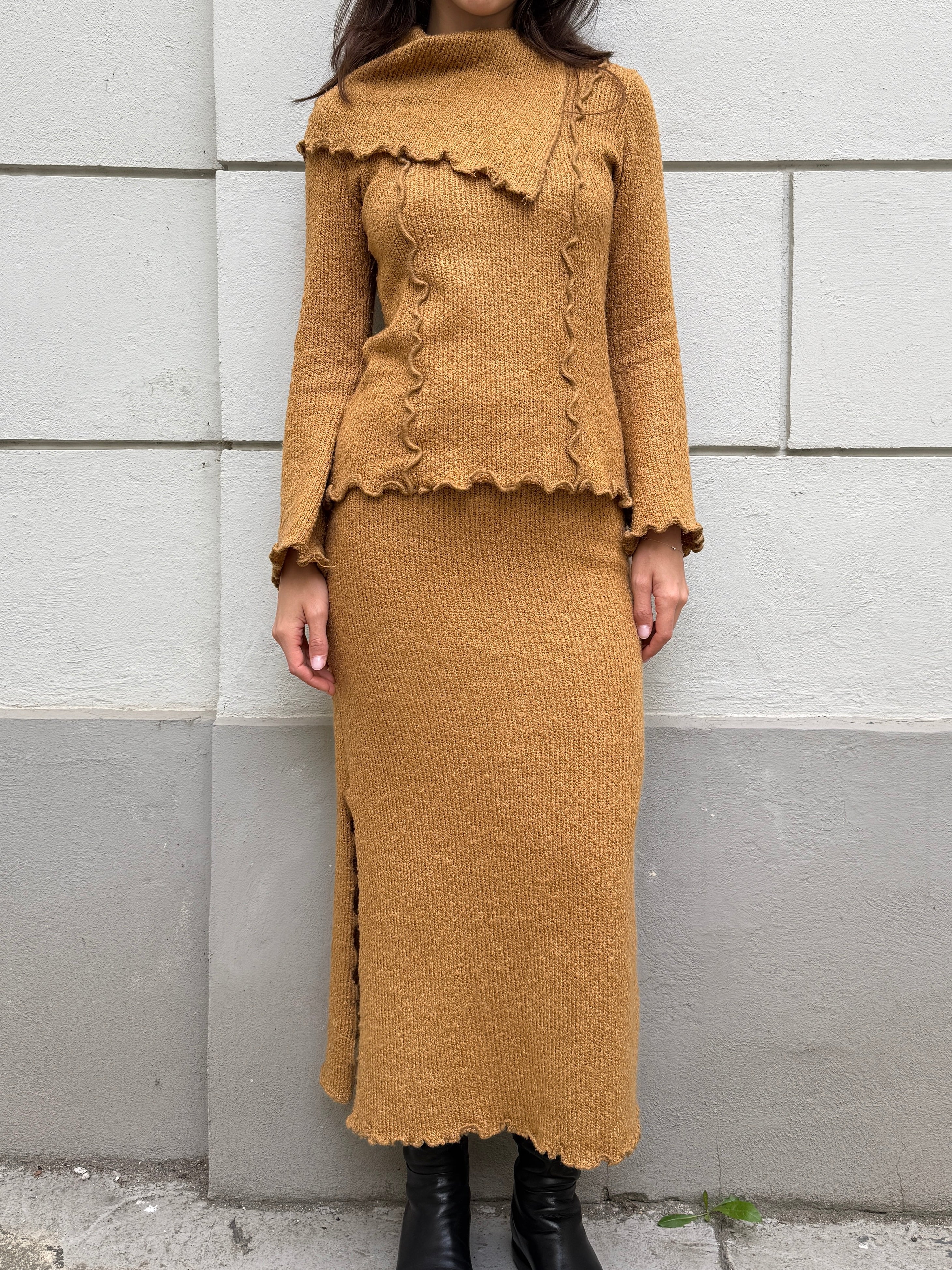 Vintage Wool Blend Mustard Yellow 2-Piece Sweater Skirt Set S/M