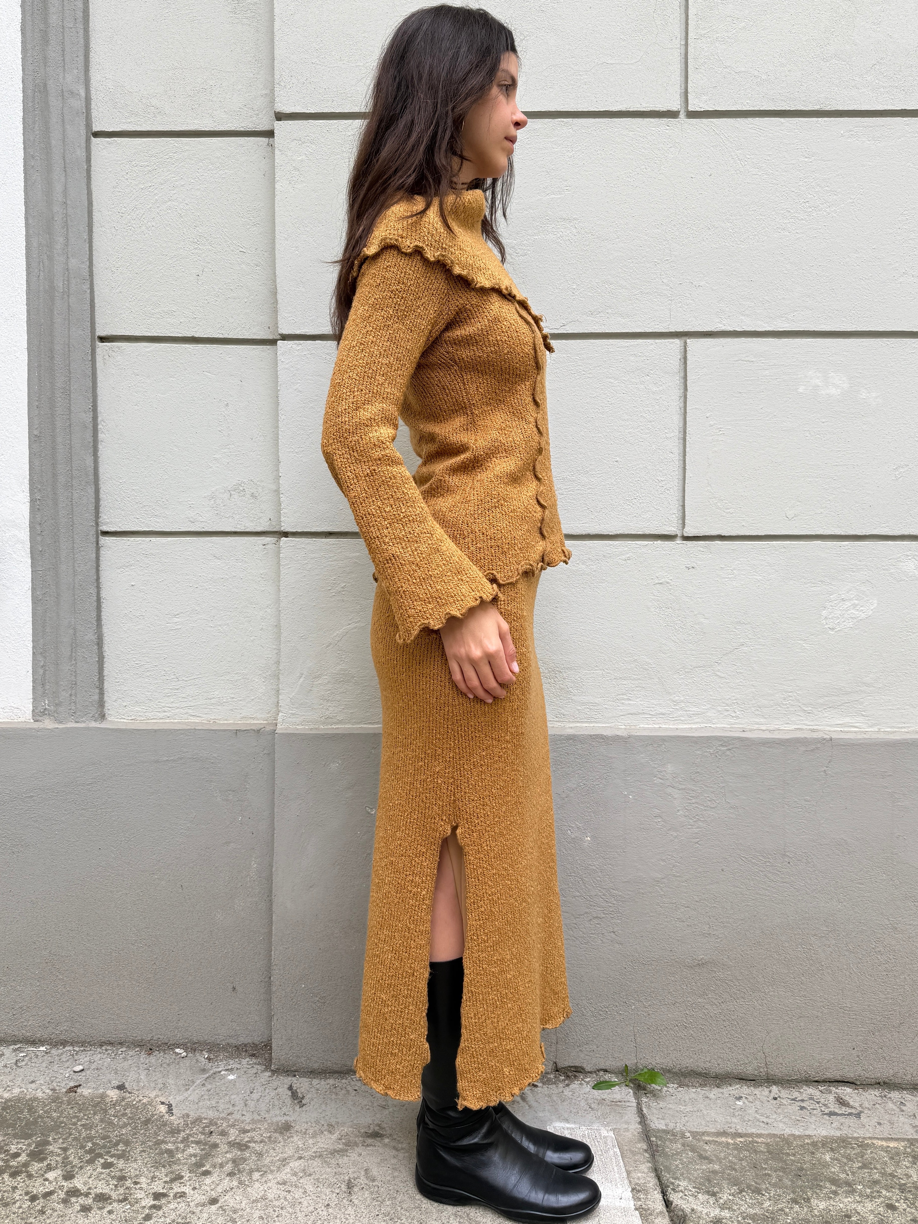 Vintage Wool Blend Mustard Yellow 2-Piece Sweater Skirt Set S/M