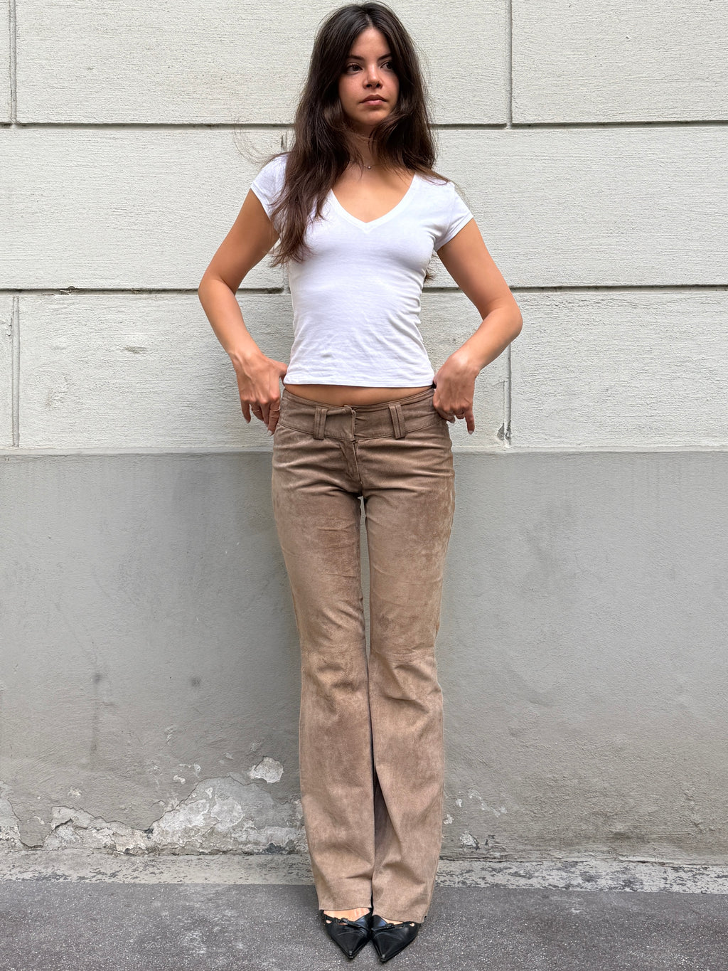 Vintage 100% Genuine Leather Suede Taupe Bootleg Trousers XS/S
