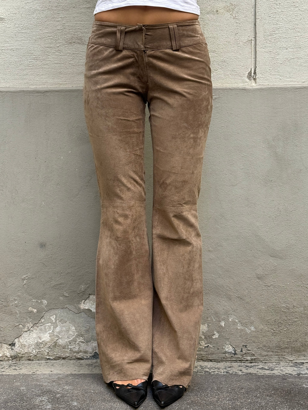 Vintage 100% Genuine Leather Suede Taupe Bootleg Trousers XS/S