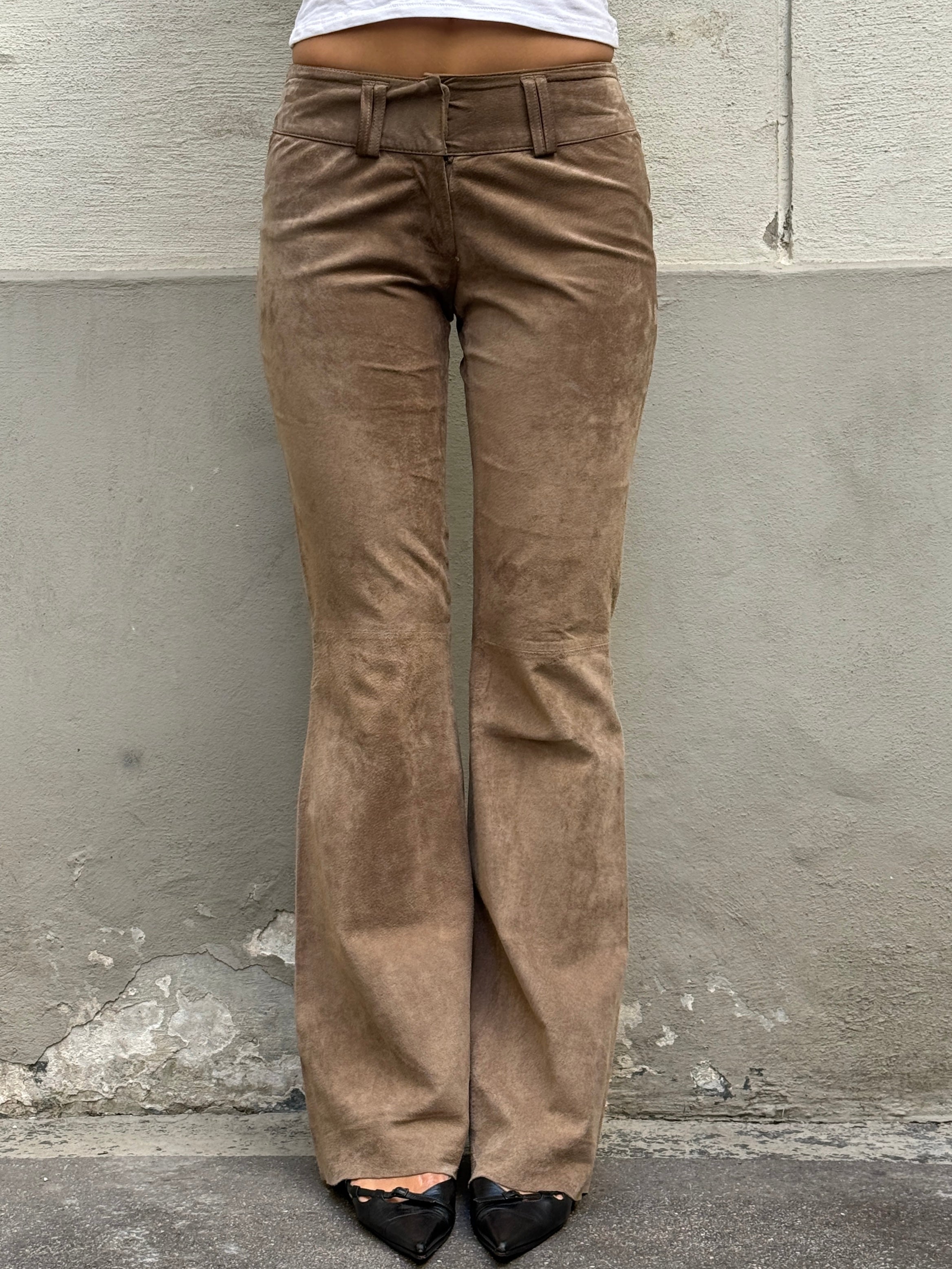 Vintage 100% Genuine Leather Suede Taupe Bootleg Trousers XS/S