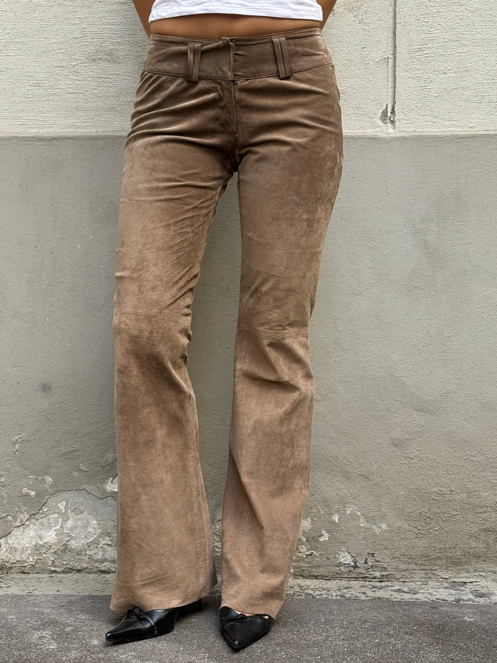 Vintage 100% Genuine Leather Suede Taupe Bootleg Trousers XS/S