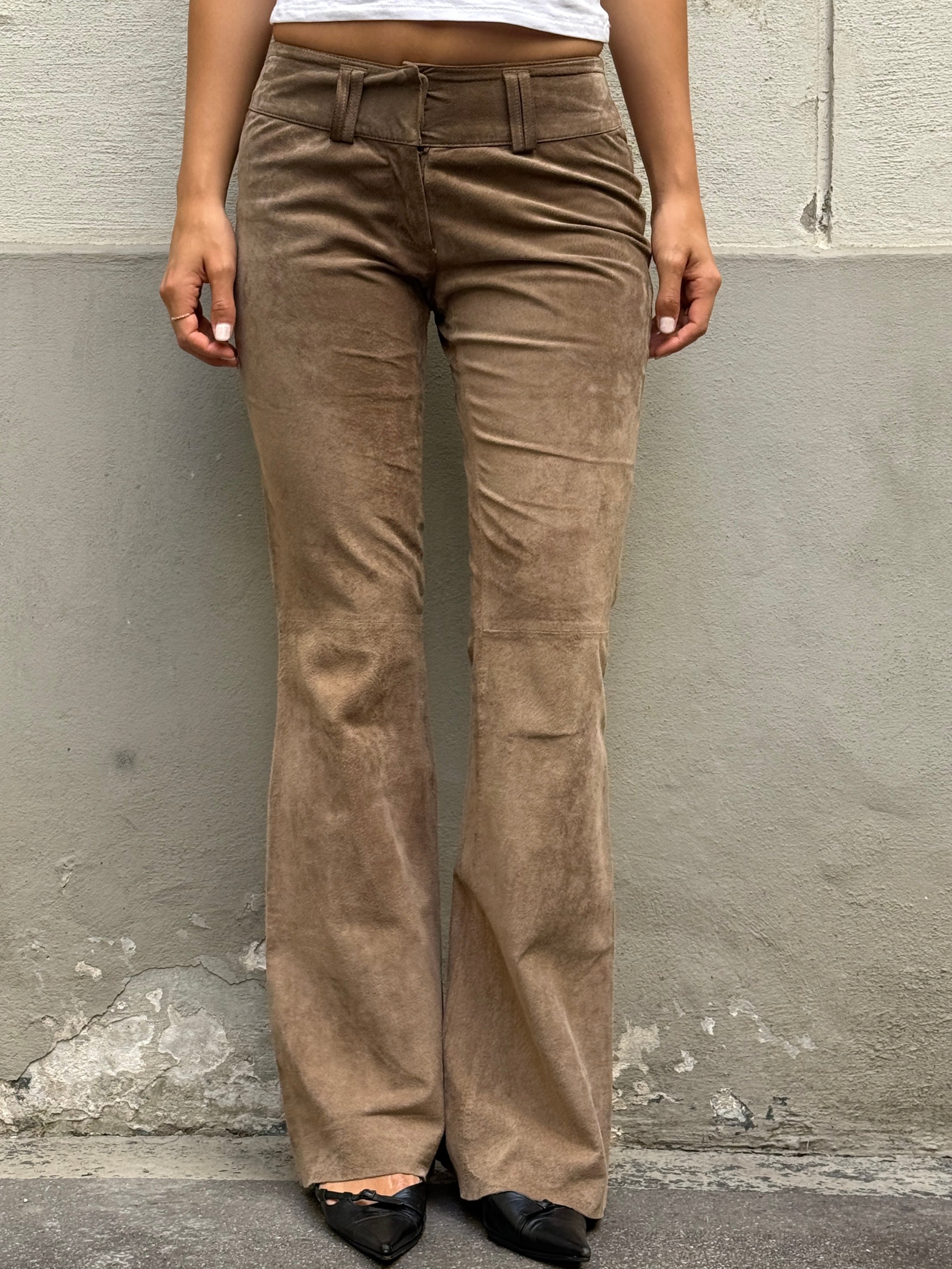Vintage 100% Genuine Leather Suede Taupe Bootleg Trousers XS/S