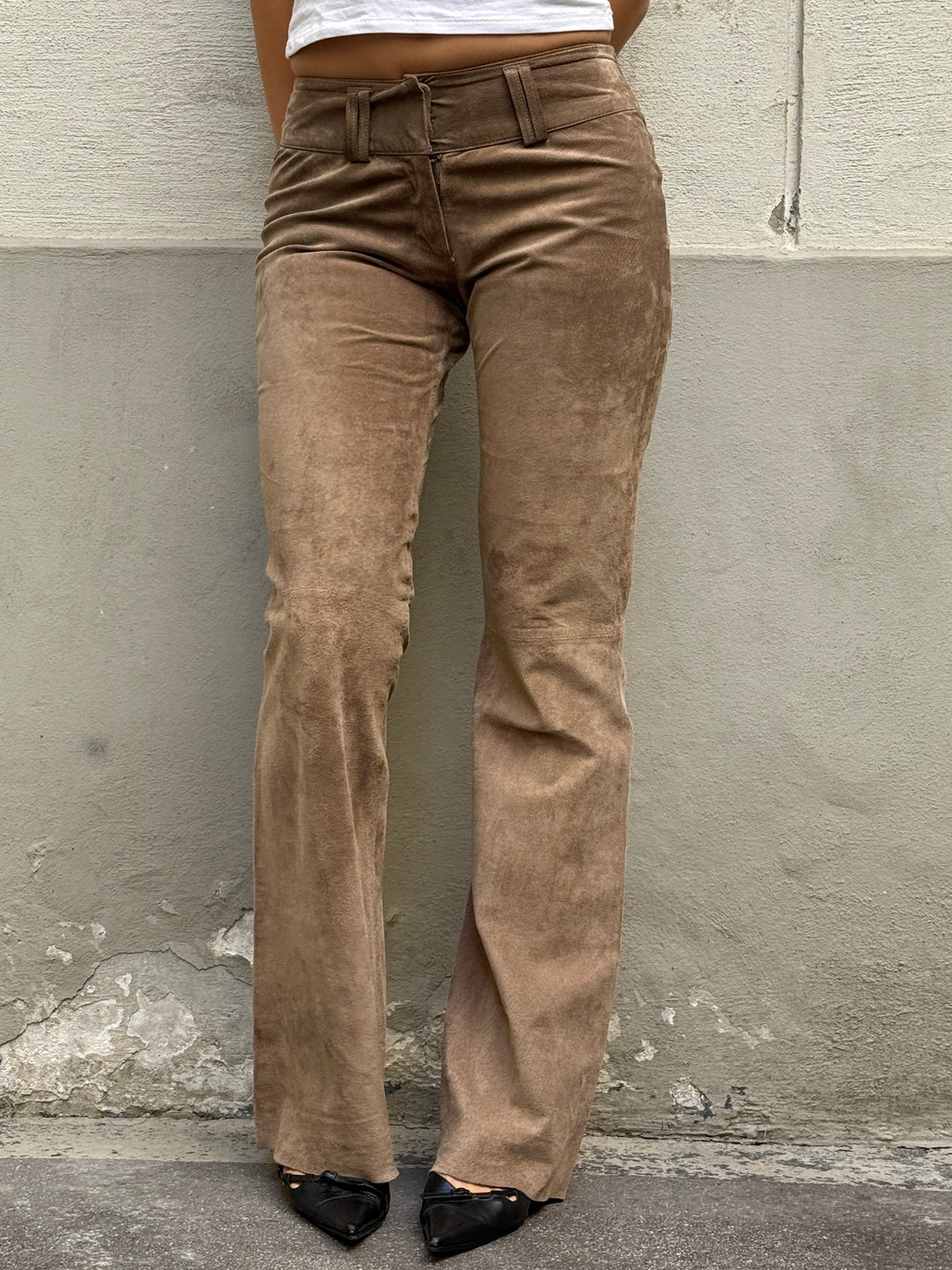 Vintage 100% Genuine Leather Suede Taupe Bootleg Trousers XS/S