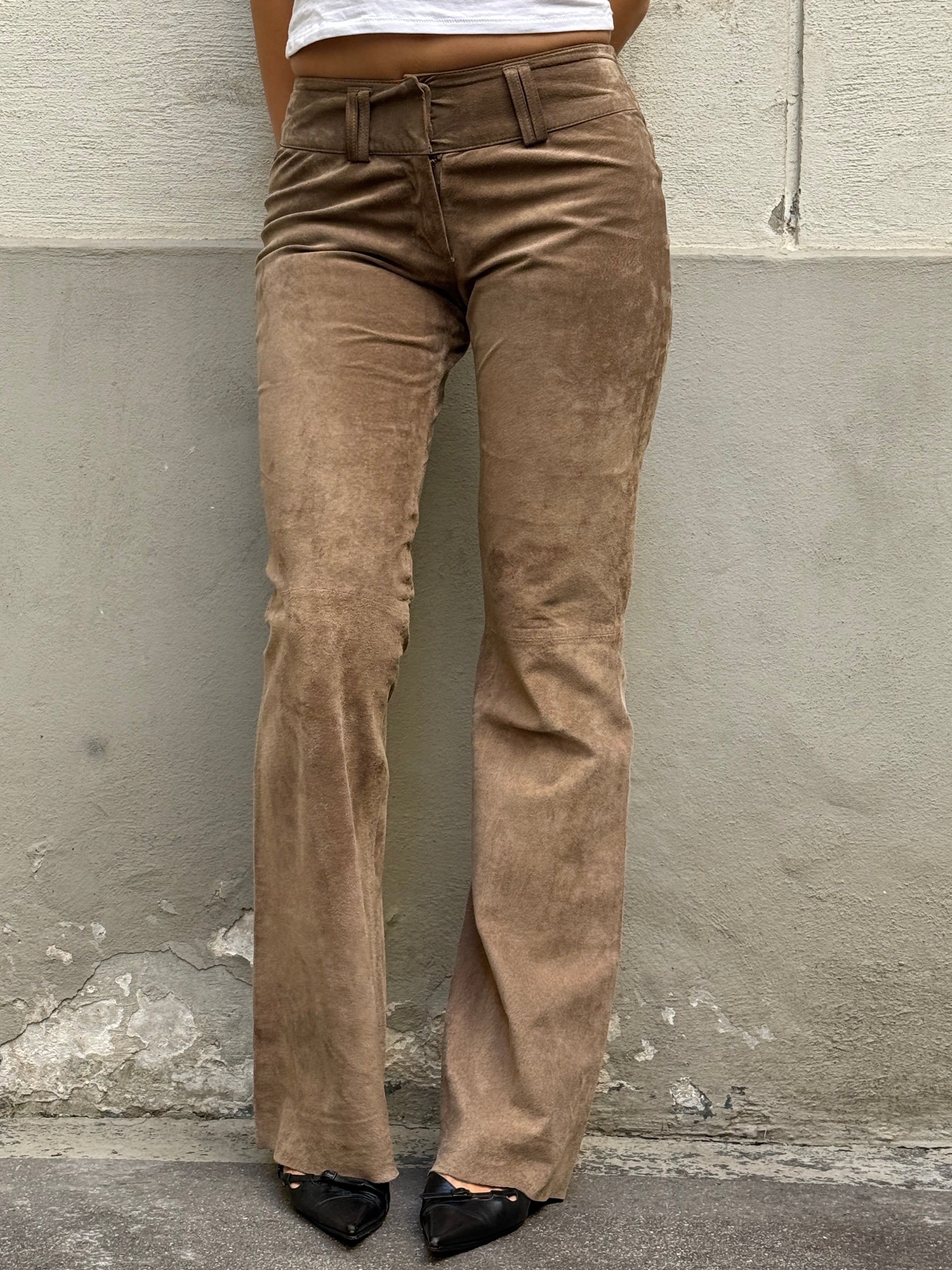 Vintage 100% Genuine Leather Suede Taupe Bootleg Trousers XS/S
