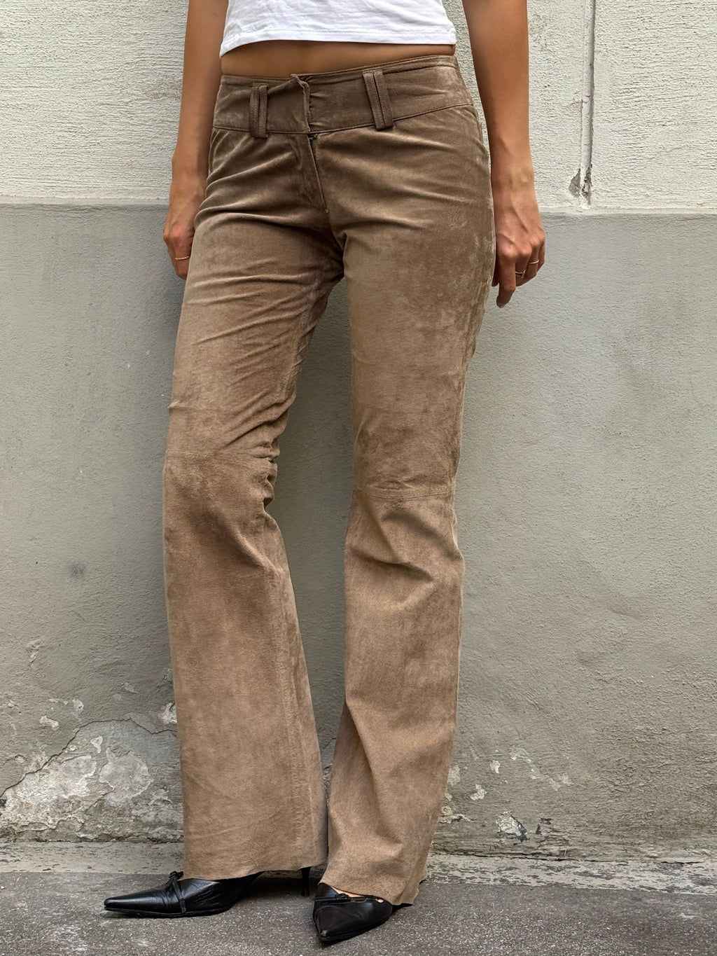 Vintage 100% Genuine Leather Suede Taupe Bootleg Trousers XS/S