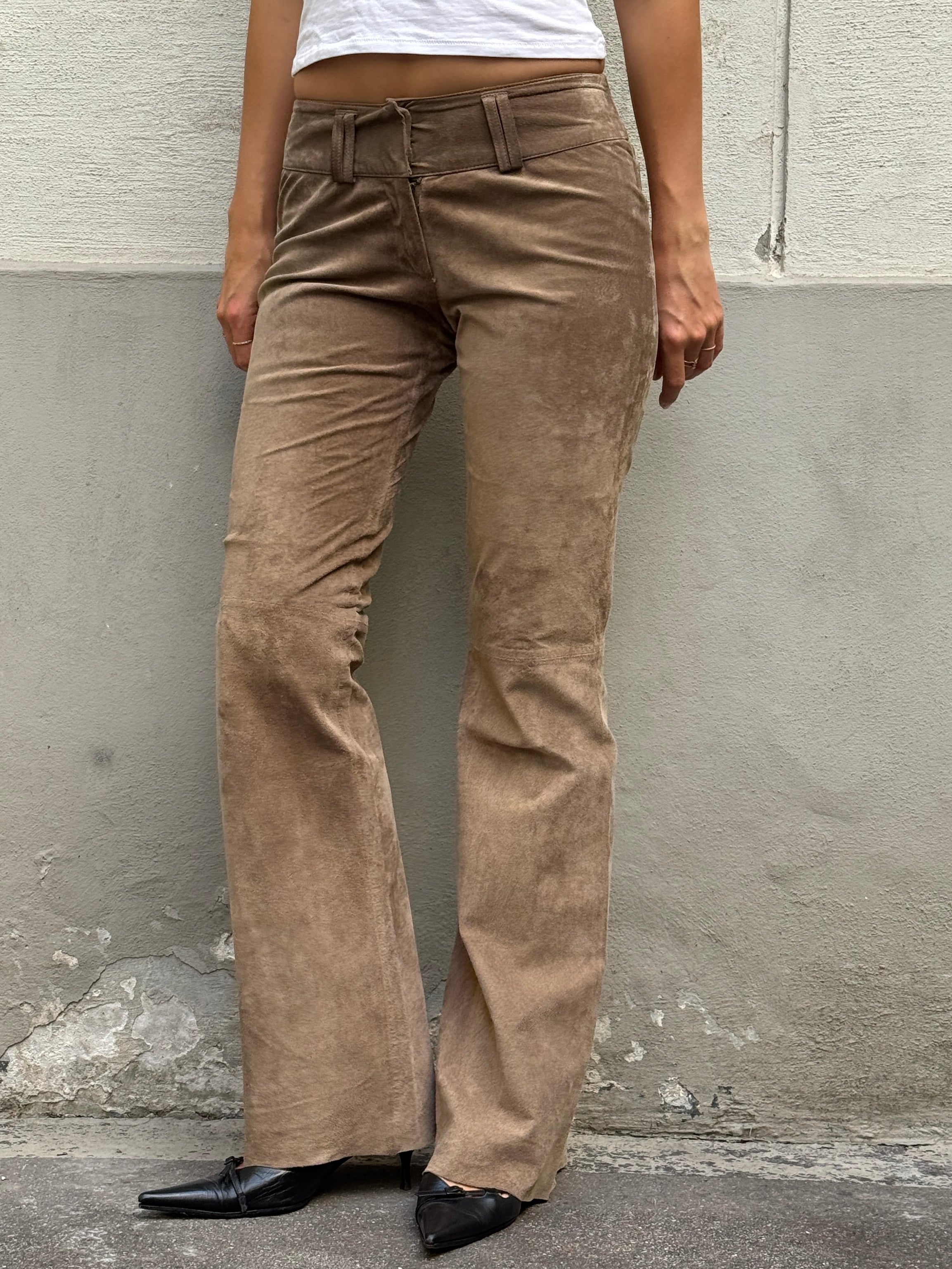 Vintage 100% Genuine Leather Suede Taupe Bootleg Trousers XS/S