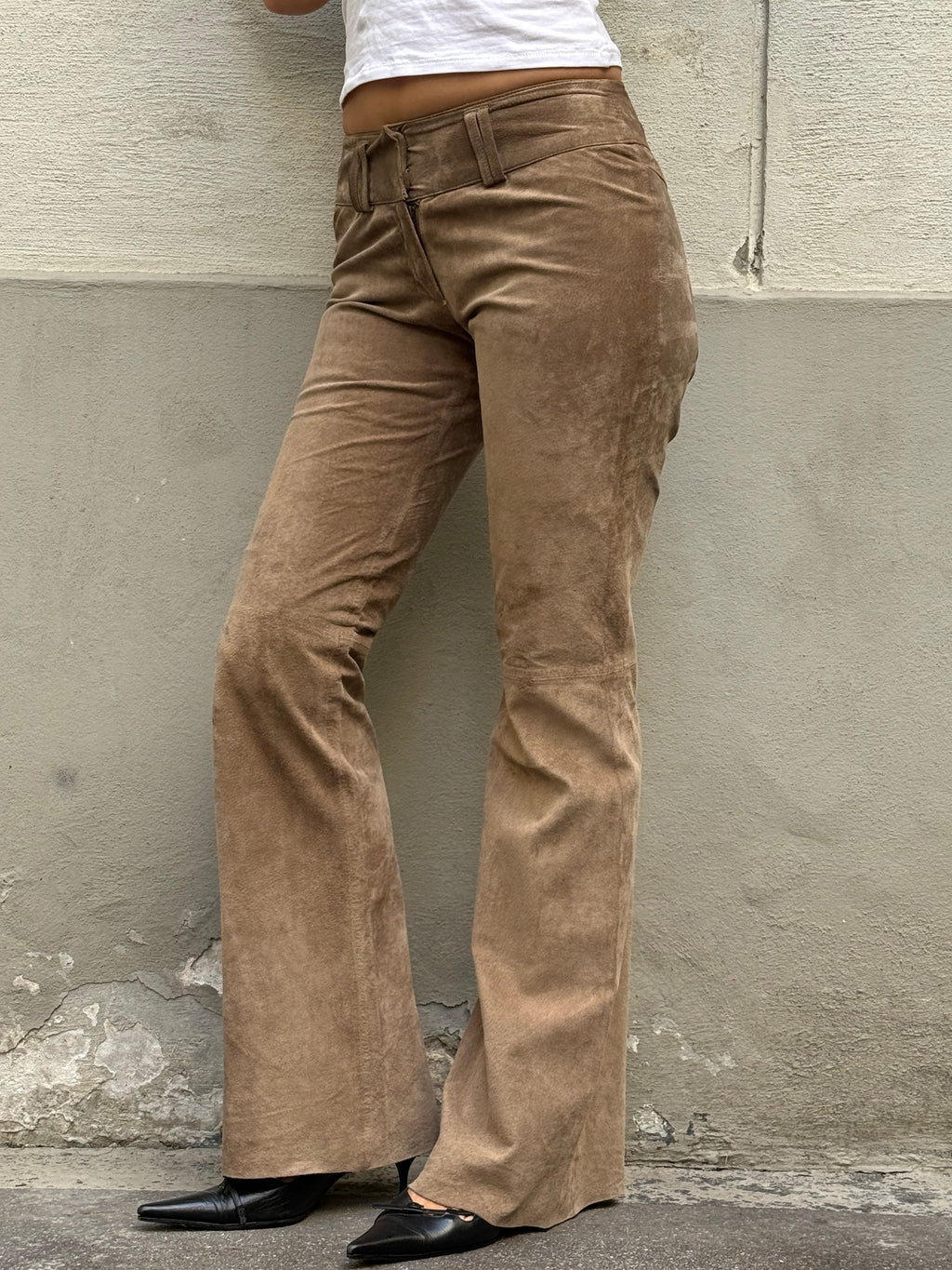 Vintage 100% Genuine Leather Suede Taupe Bootleg Trousers XS/S
