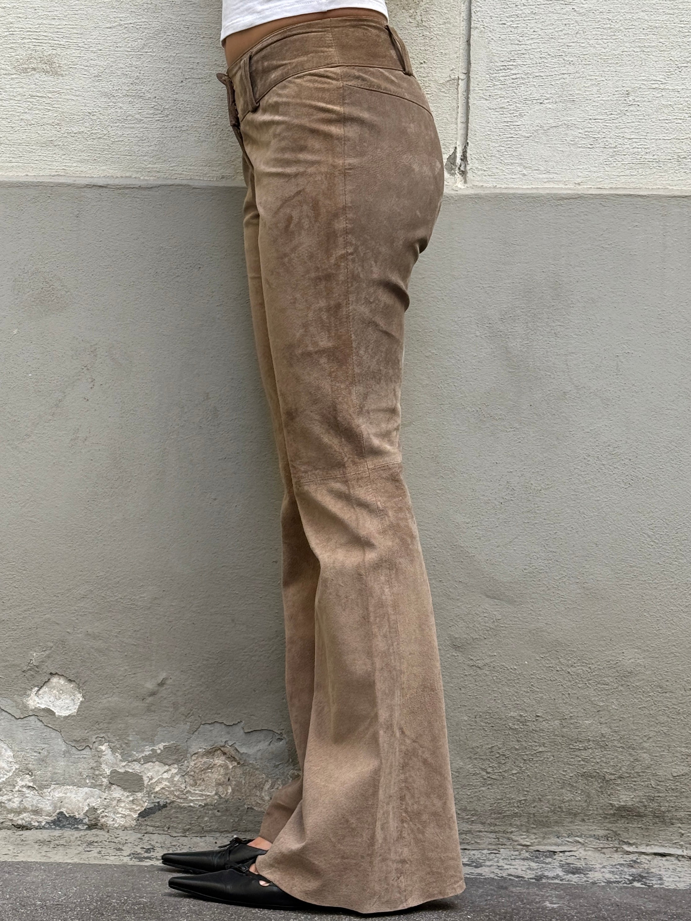 Vintage 100% Genuine Leather Suede Taupe Bootleg Trousers XS/S
