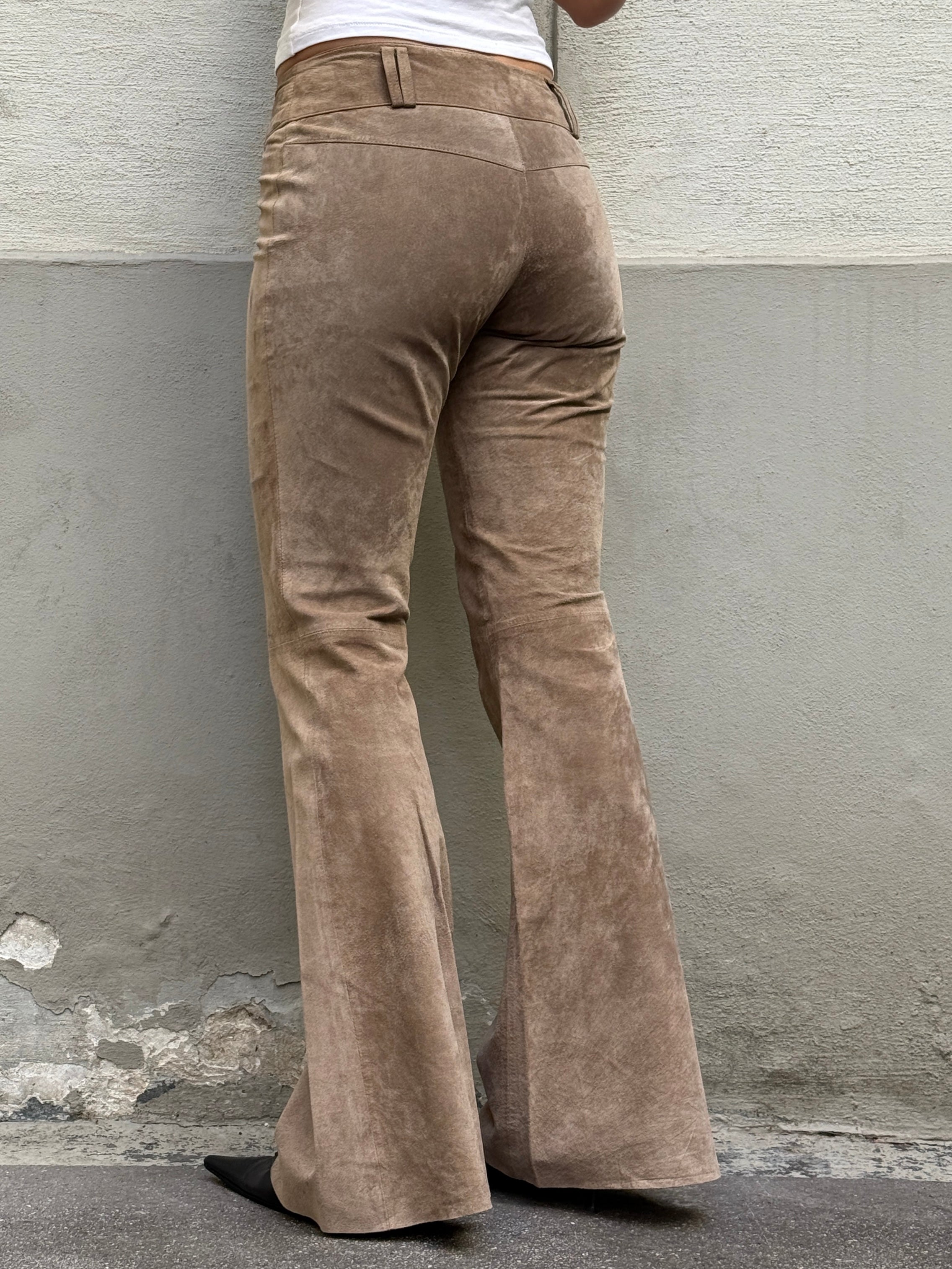Vintage 100% Genuine Leather Suede Taupe Bootleg Trousers XS/S