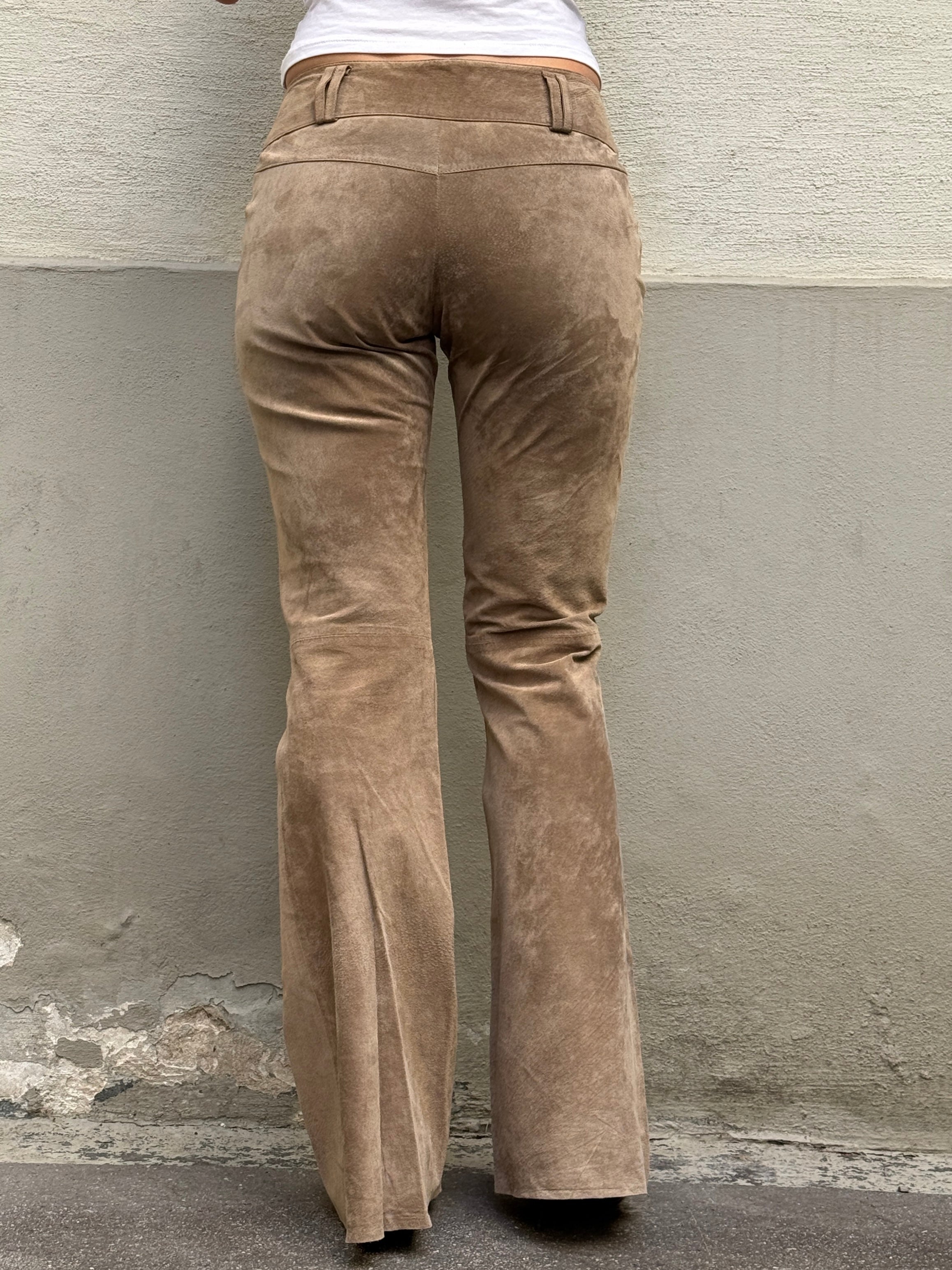 Vintage 100% Genuine Leather Suede Taupe Bootleg Trousers XS/S