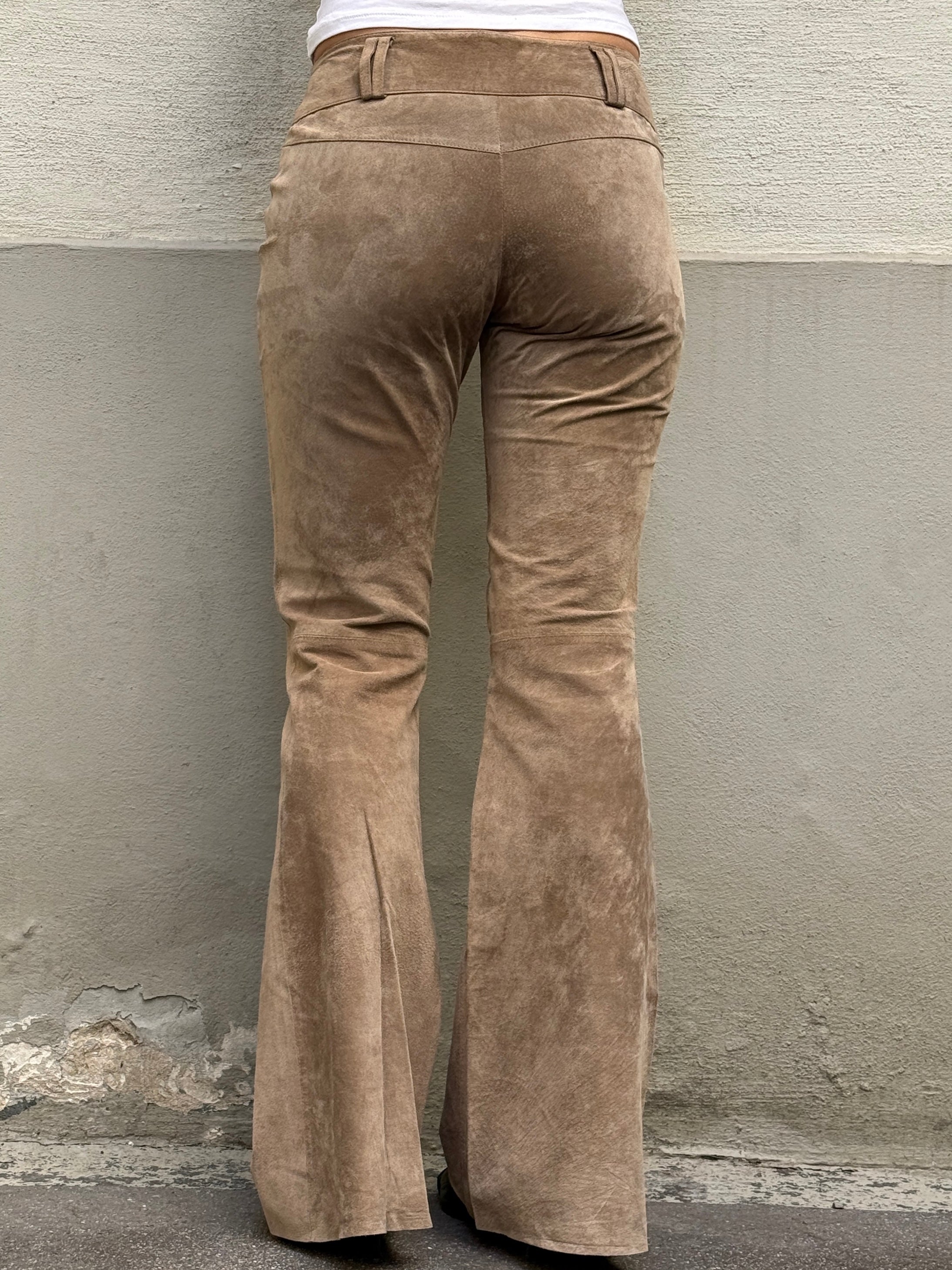 Vintage 100% Genuine Leather Suede Taupe Bootleg Trousers XS/S