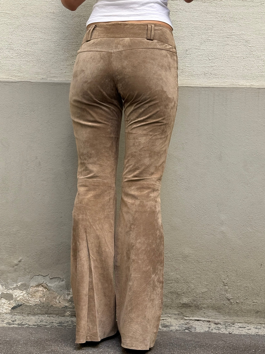 Vintage 100% Genuine Leather Suede Taupe Bootleg Trousers XS/S