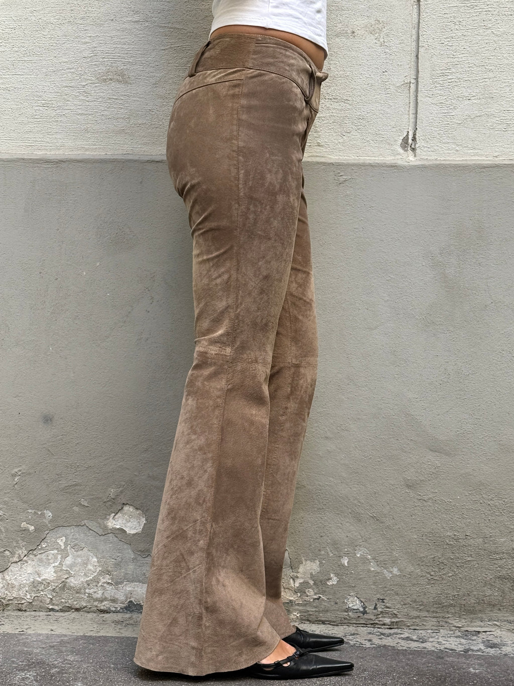 Vintage 100% Genuine Leather Suede Taupe Bootleg Trousers XS/S