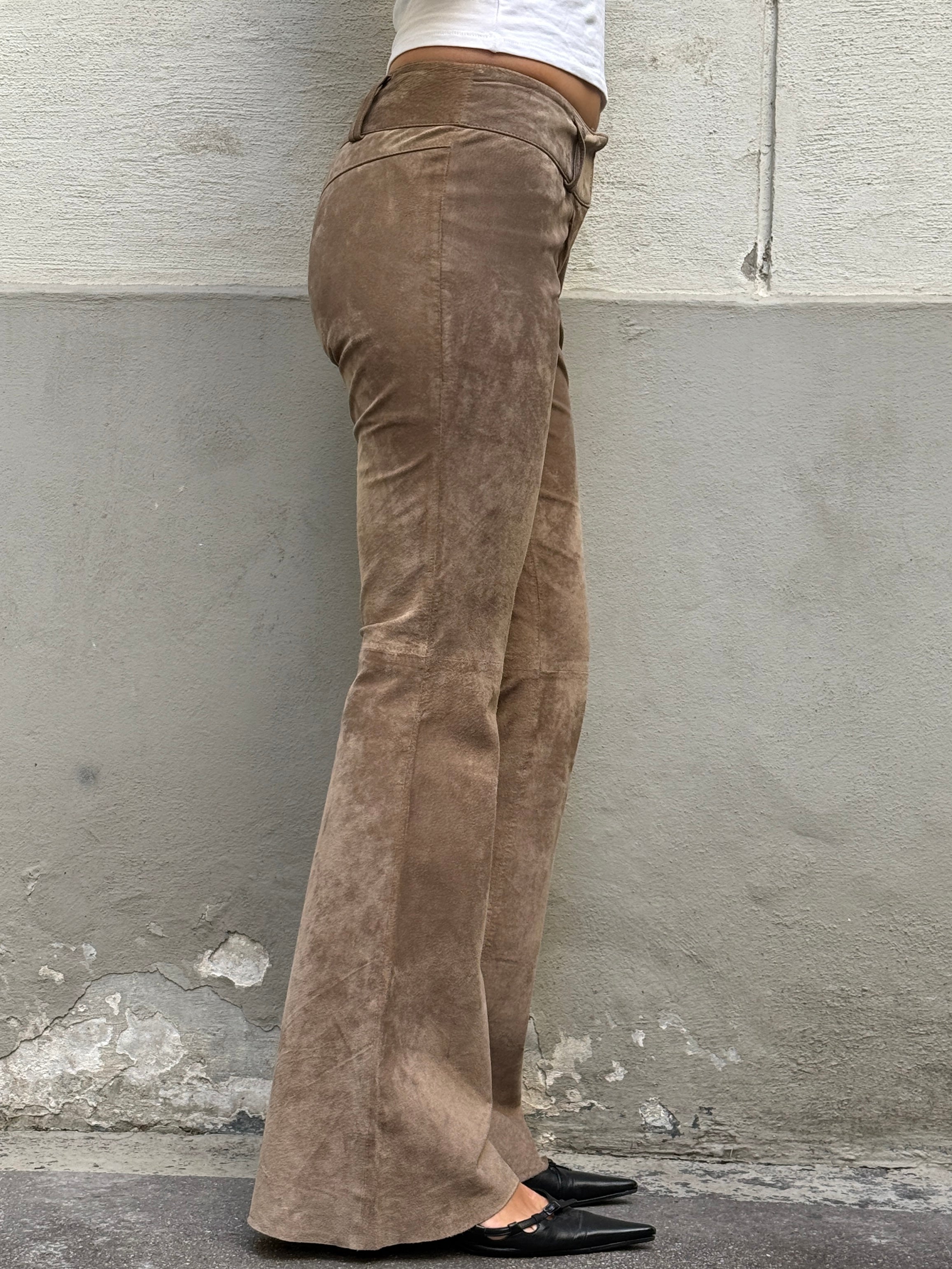 Vintage 100% Genuine Leather Suede Taupe Bootleg Trousers XS/S