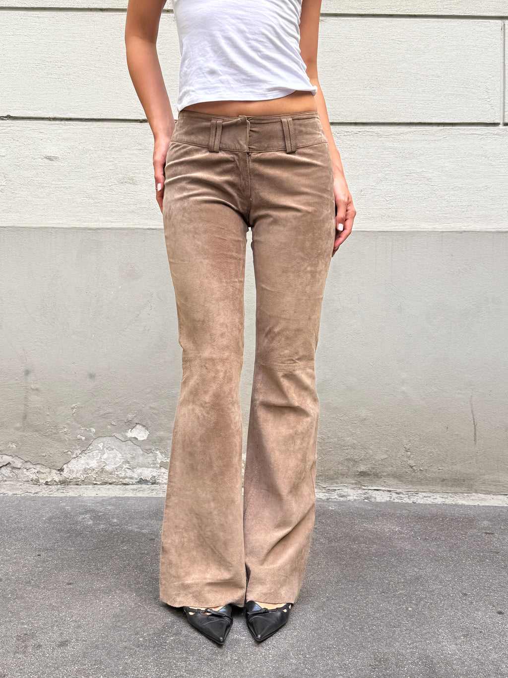 Vintage 100% Genuine Leather Suede Taupe Bootleg Trousers XS/S
