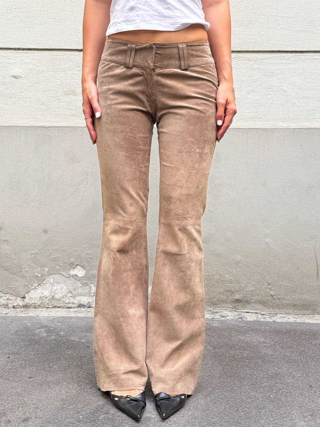 Vintage 100% Genuine Leather Suede Taupe Bootleg Trousers XS/S