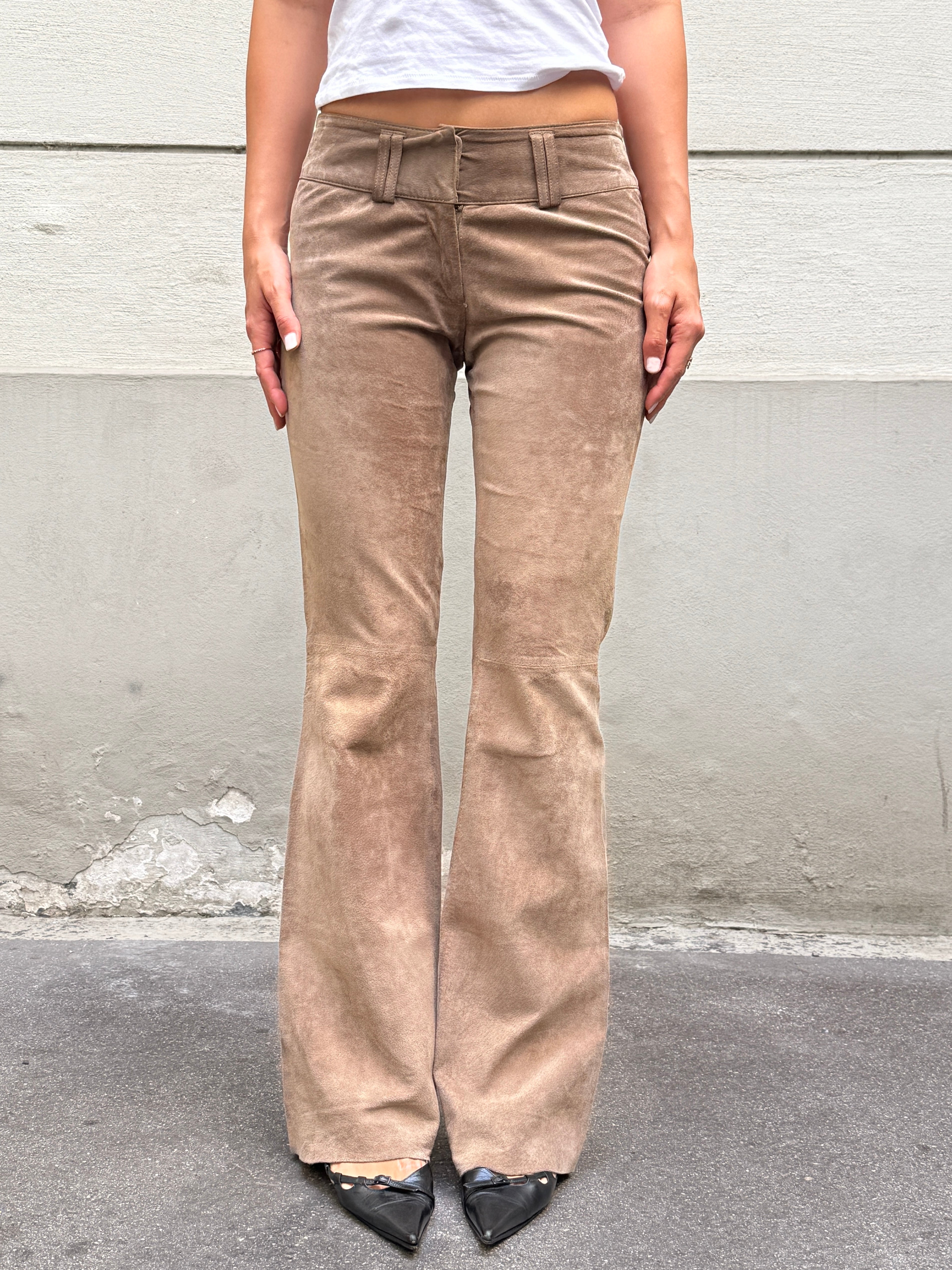 Vintage 100% Genuine Leather Suede Taupe Bootleg Trousers XS/S
